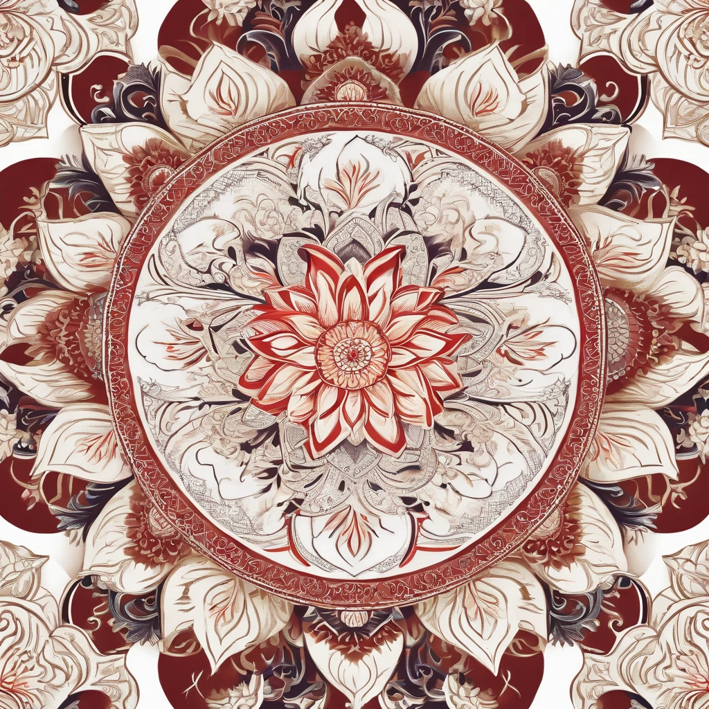 Mandala illustration background white，A circle with a border，chinoiserie pattern，lotus flower，Large lotus in the center，Fine line decoration，The art of embroidery，Oriental fabric design，8K，luminance，naturey，The full image is not cropped