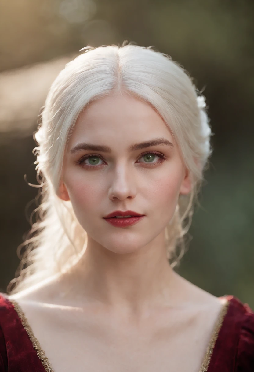 (((a deep reddish wound crosses her left cheek))) fair complexion, woman around 19 years old, natural white hair, distinctive green eyes, wearing kohl, slender and graceful, beautiful, candlelight in a medieval setting, ultra sharp focus, realistic shot, medieval female clothes, tetradic colors (scar:1.4)