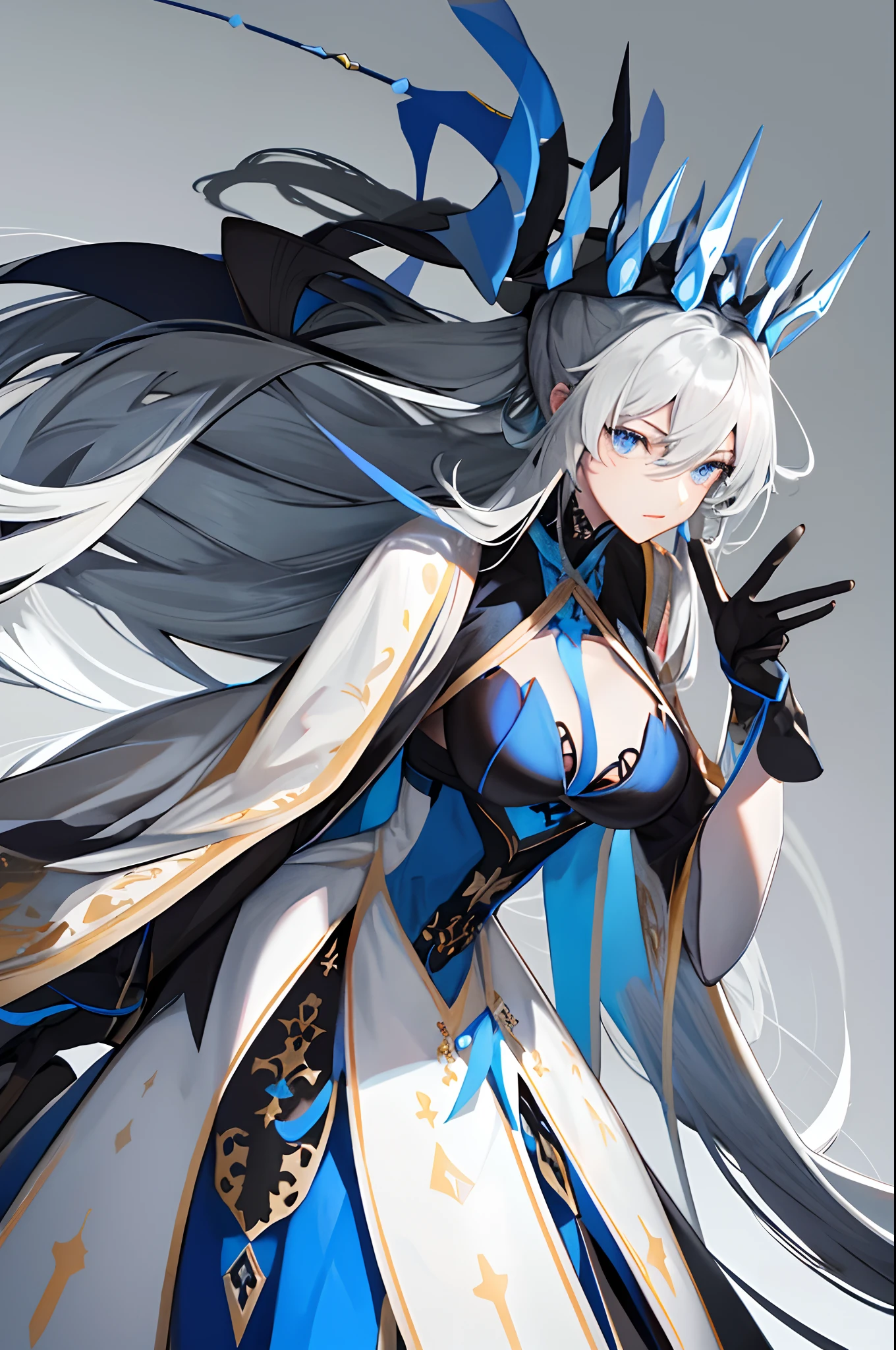 ​masterpiece, top-quality, hight resolution, Morgan, 独奏, length hair, Silvery hair, very Bigger breasts, Very long hair, Inside the castle、Translucent dress with blue lines on a black background、Beautiful blue eyes、Colossal breasts、adult lady、Have sex appeal、Emphasis on the chest、Well-formed face、Perfect limbs、sexy lip、Perfect fingers、Wear black gloves