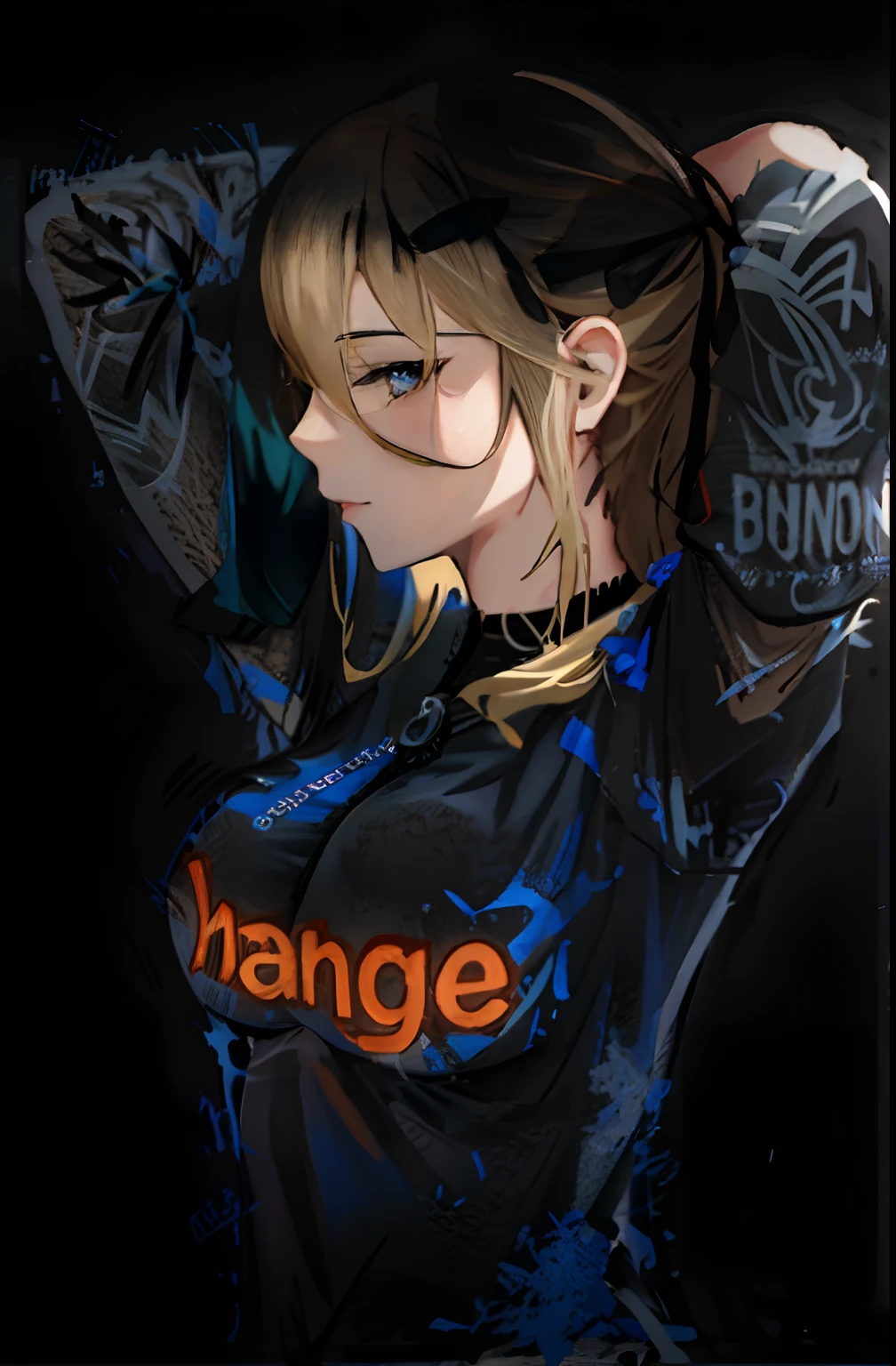 Shinobumature with an esport jersey noir et blue, "KC" logo, Aesthetic jersey, Writing"Karmine" au milieu du maillot noir et gris, cheveux blonds , SHinobu Oshino , femme , SHinobu Oshino , peau blanche ,Anime, jersey noir et bleu, femme , enormous breast, woman face , woman hair , long hair , detailed hair , detailed face ,high quality , blond hair , detailed face , coherent face