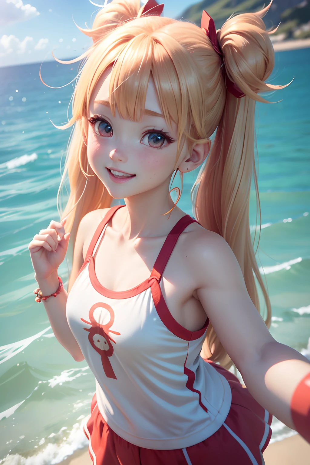 render of a cute 3d anime girl,Red pareo and red earrings and blonde twin tails floating in the sea、Throw your hands up to the sky and smile、Blue eyes float,, Selfie wind,Angle from directly above, The upper part of the body, summertime, 8K portrait rendering, Smooth Anime CG Art, Rin,spark of light!