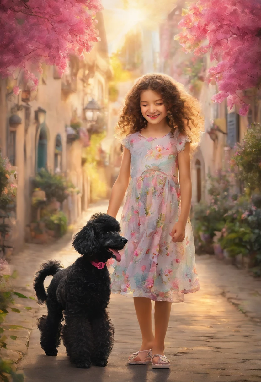 blond girl, s old, playing with her black puppy, a poodle, small buildings in the background, (best quality,4k,8k,highres,masterpiece:1.2),ultra-detailed,realistic:1.37,illustration,playful atmosphere,colorful composition,vivid colors,natural lighting