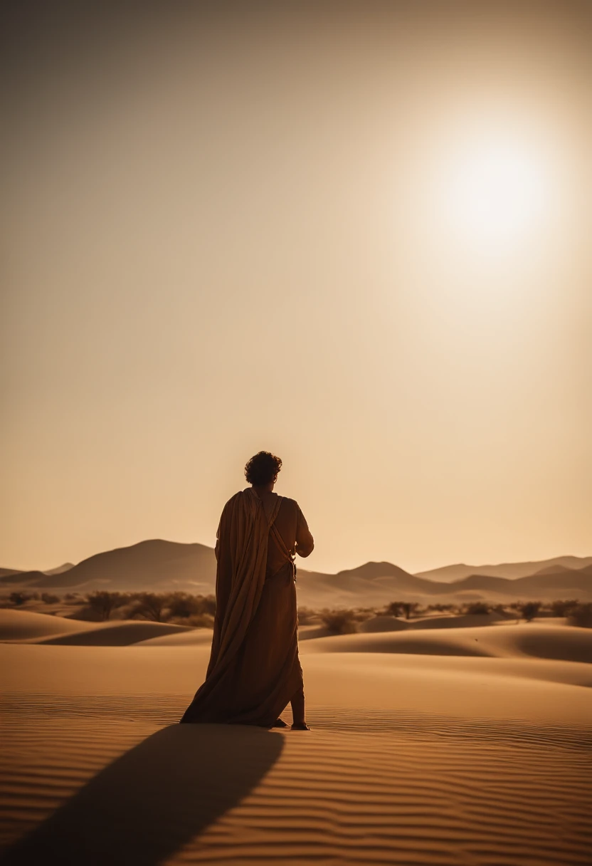 A photograph that captures the atmospheric essence of an ancient biblical scene, Bathed in ethereal golden light and details in the deserts.