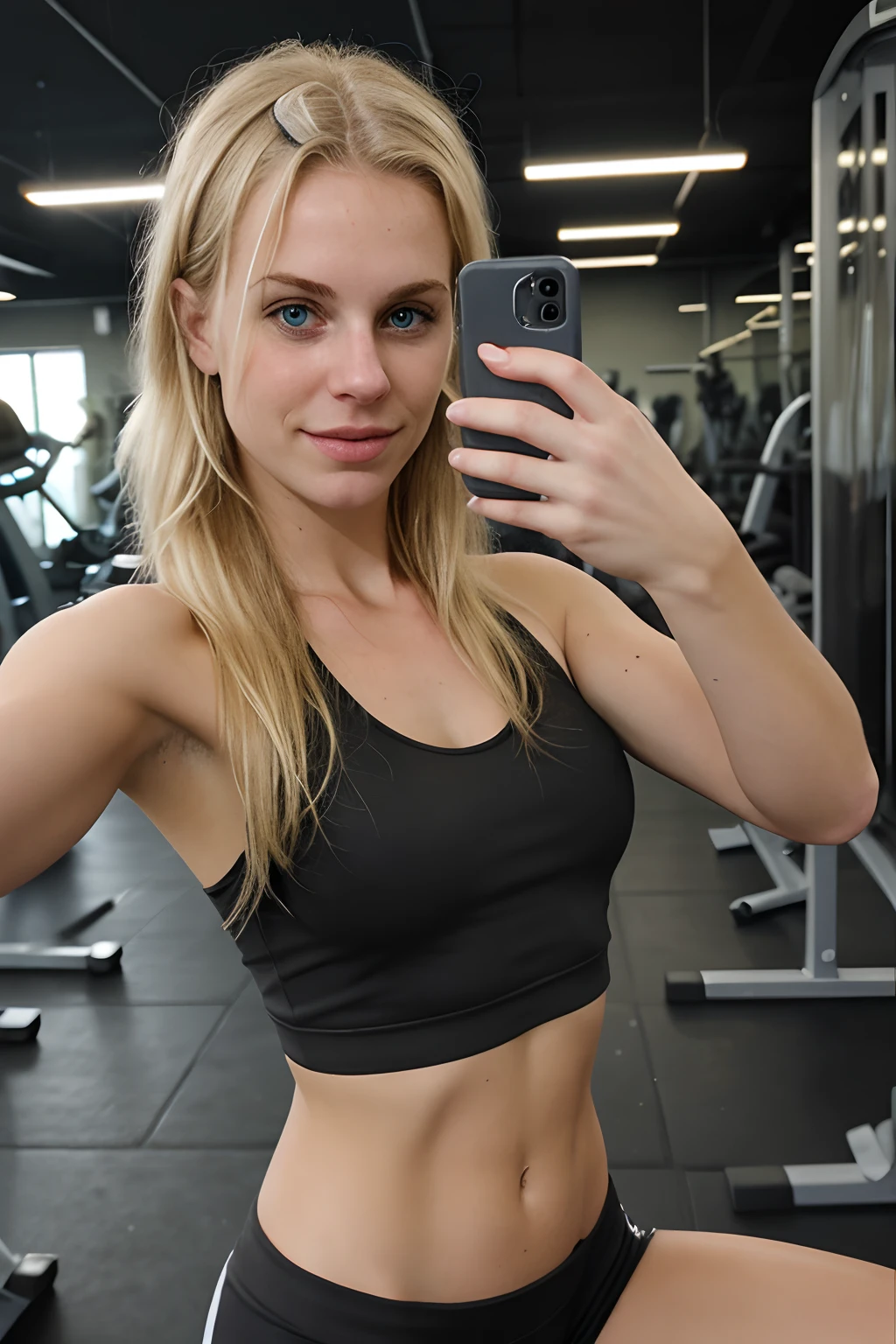 Selfie of a dirty blonde girl in a gym with cell phone