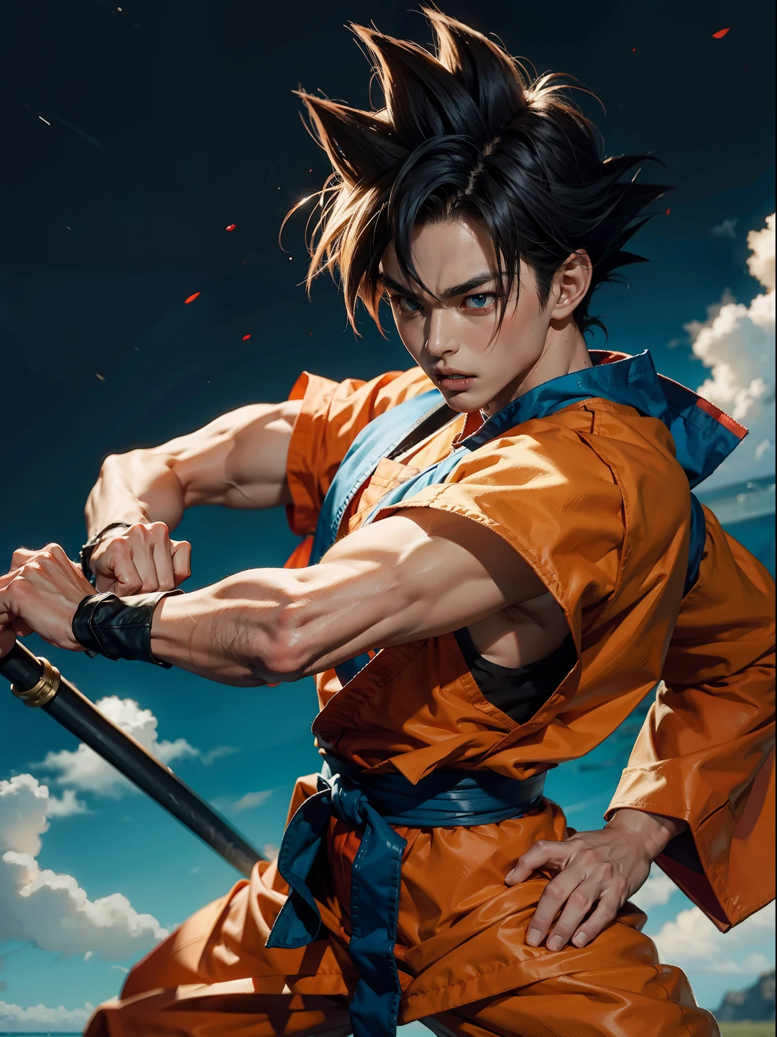 goku fighting with bo staff, dynamic combat pose, asian, martial arts, shirtless