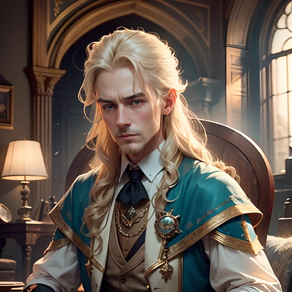 The scene of the wizard Merlin turning the dark short prince Konrad Westmonds into the beautiful blonde princess Lisar Westmonds, create a transition from prince to princess, high facial detail, 8k --auto --s2