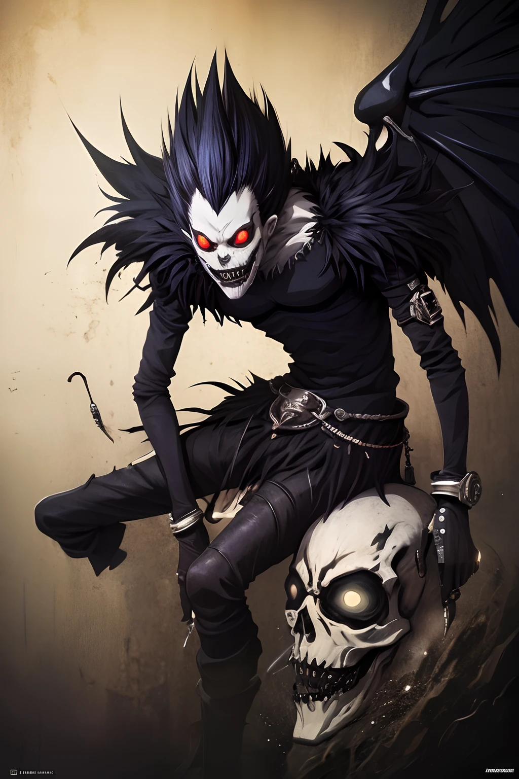 tmasterpiece，highest  quality，death note，1boy，Black haired demon creature，shinigami，4k manga wallpapers, high definition anime art, dark but detailed digital art