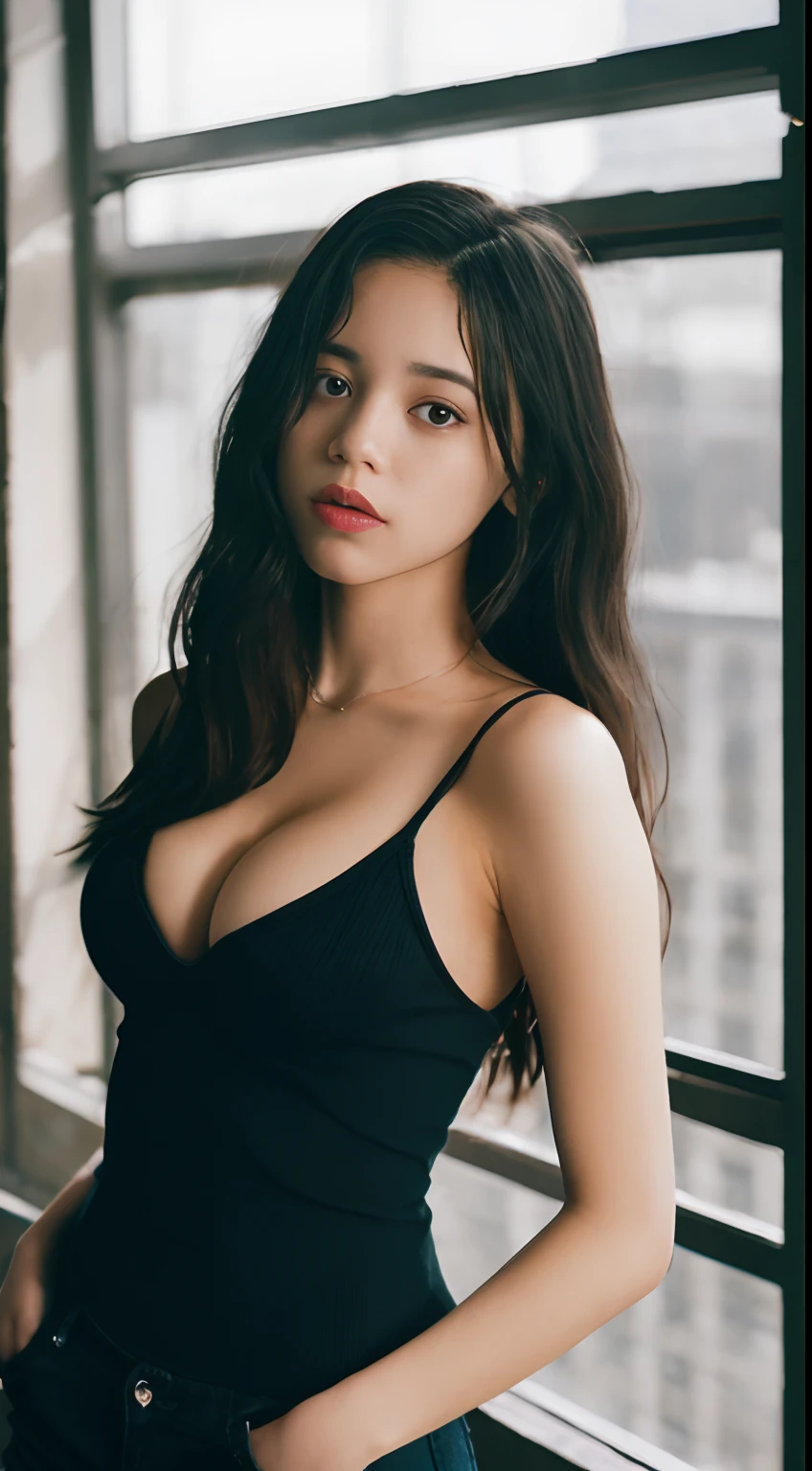 Photo of Jenna Ortega, spaghetti strap tank top, breasts_sticking_out_of_the_cleavage, cleavage breasts, black_leggings, blue eyes, very long hair, hyper detailed, looking at the viewer, hourglass body, muscular, cozy atmosphere, classroom, photography, session photos, captured by Panavision Panaflex Platinum Camera with Panavision Primo Primes 50mm T1.9 spherical lens