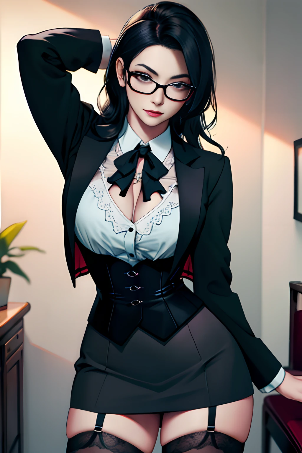 Best quality, Masterpiece, Debauchery secretary, Wearing glasses, Big tight, breast enhancement, Wear corsets and stockings, 超高分辨率,Detailed background,Realistic,hades style,Solo,woman,mature,Tik,mature,breast enhancement, Female, Long black hair, \(Theme\),Dark fantasy,Evil,Depth of field