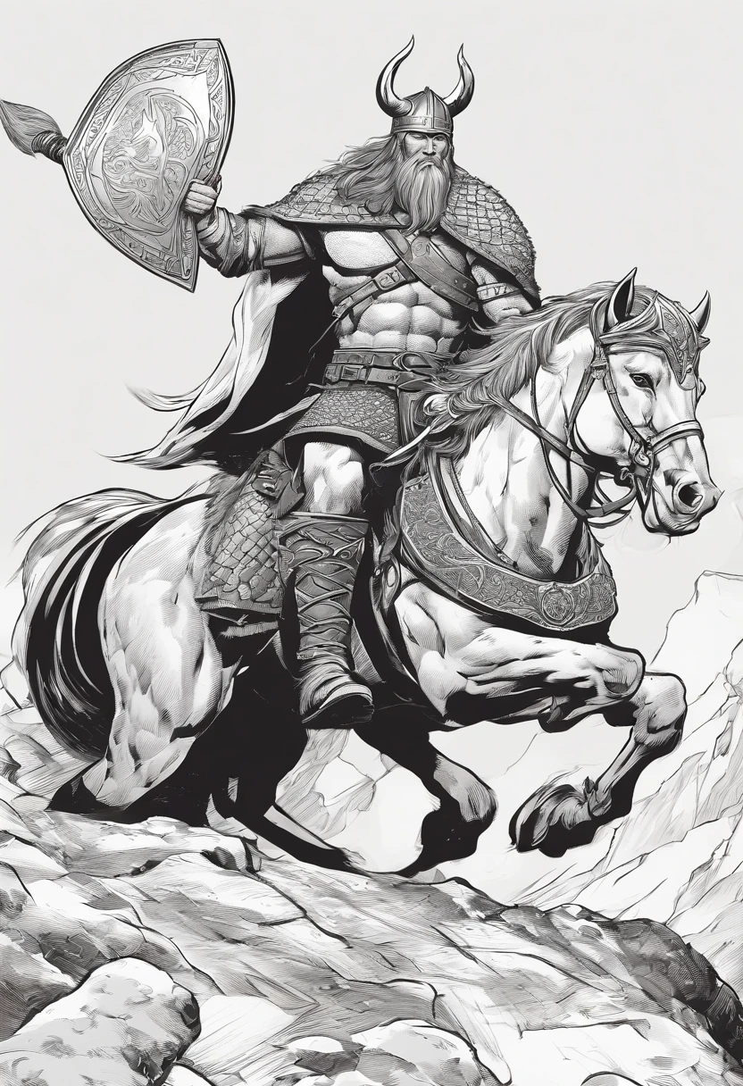 Description: profile of a Viking on top of a horse, a shield in his hand, very angry
Characteristics: Vinking with a well-detailed brave appearance with long, defined hair, the horse must be white
Color: Black and white
Background: White
Quality: 8k, ultra hd