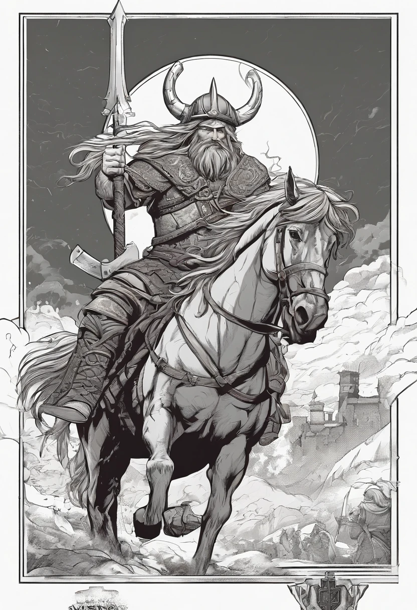 Description: profile of a Viking on top of a horse, a shield in his hand, very angry
Characteristics: Vinking with a well-detailed brave appearance with long, defined hair, the horse must be white
Color: Black and white
Background: White
Quality: 8k, ultra hd