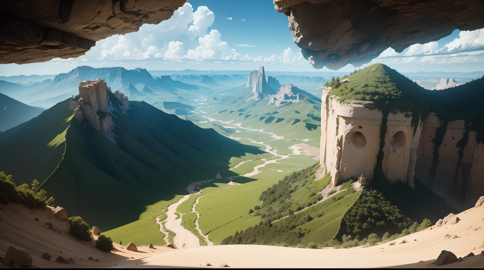 An image of the creation of vegetation on the land. No human.