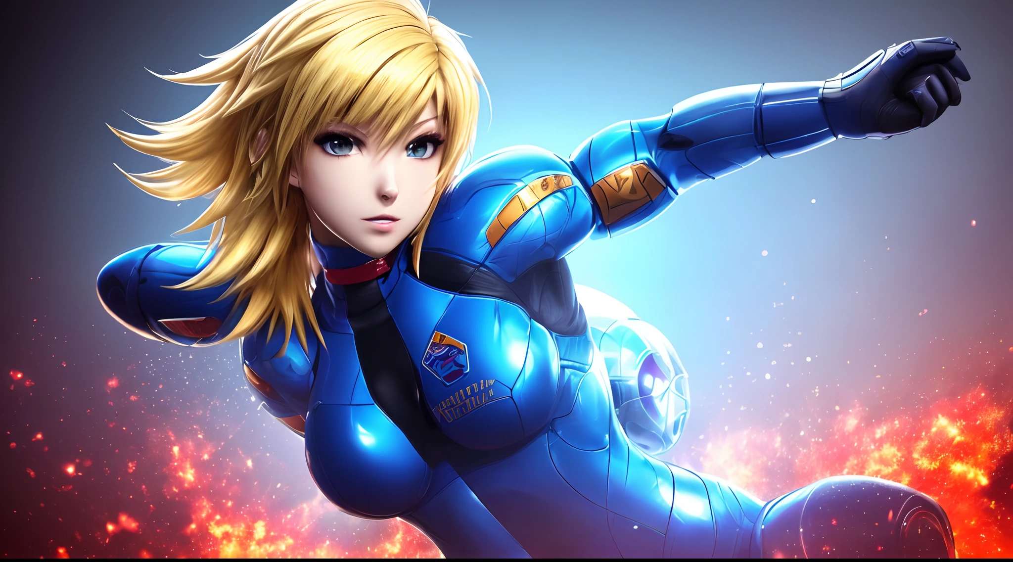 ((tmasterpiece,4k wallpaper,best qualtiy))samus, Be red in the face, In the daytime, simple backgound, blue-sky, short detailed hair, Moody light, blonde hair,light particules,Blue Themes,Busty body,face expressionless,Brilliant,smooth thigh