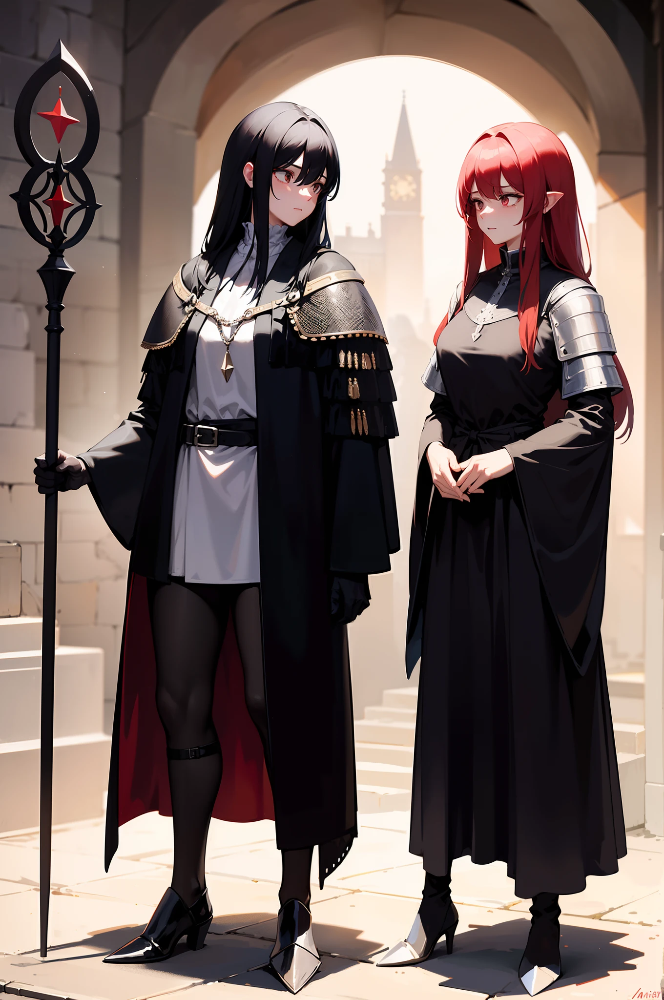 2girls, one is a black haired depressed and sleepy wizard dressed in black, other is a knight with red hair dressed in knight armor, masterpiece, best quality, fantasy dnd, background is a medieval city, 2 of them standing next to each other, knight is on ths right she is slightly shorter, wizard is on the left she has a magic staff in her hand