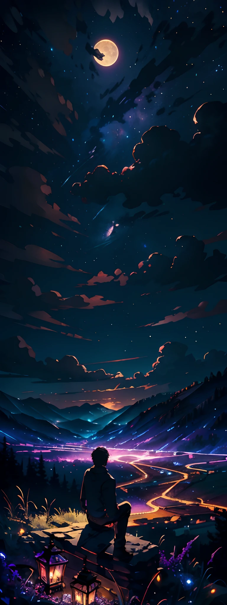 , expansive landscape photograph , (a view from behind that shows sky above and open field below), a boy sitting on grass field looking up, (full moon:1.2), ( shooting stars:0.9), (nebula:1.3), distant mountain, tree BREAK production art, (warm light source:1.2), (Firefly:1.2), lamp, lot of purple and orange, intricate details, volumetric lighting BREAK (masterpiece:1.2), (best quality), 4k, ultra-detailed, (dynamic composition:1.4), highly detailed, colorful details,( iridescent colors:1.2), (glowing lighting, atmospheric lighting), dreamy, magical, (solo:1.2)