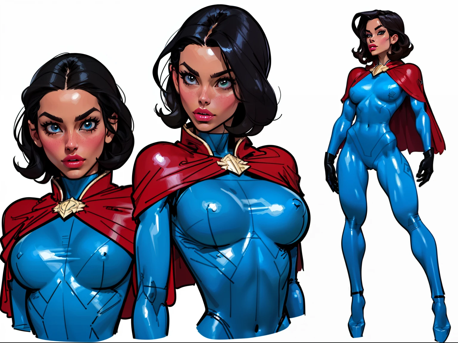 ((masterpiece)),(((best quality))),((character design sheet)), ((full body view)) illustration,1girl, muscular, ((black bodysuit:1.7)), superhero, (short curly red hair:1.5), (blue cape:1.5) ((detailed face:1.4)) beautiful woman, (short curly hair:1.6) (small head:1.2), (flat :1.3), (blue thighhighs:1.3), shiny skin, (blue logo on chest:1.4),scribbles and marks, (puffy l1.5), (full lips:1.4) (wide hips:1.3), big lips, detailed lips, (red gloves:1.2) rough sketches, pose, 8k,16k, (simple background, white background: 1.3)