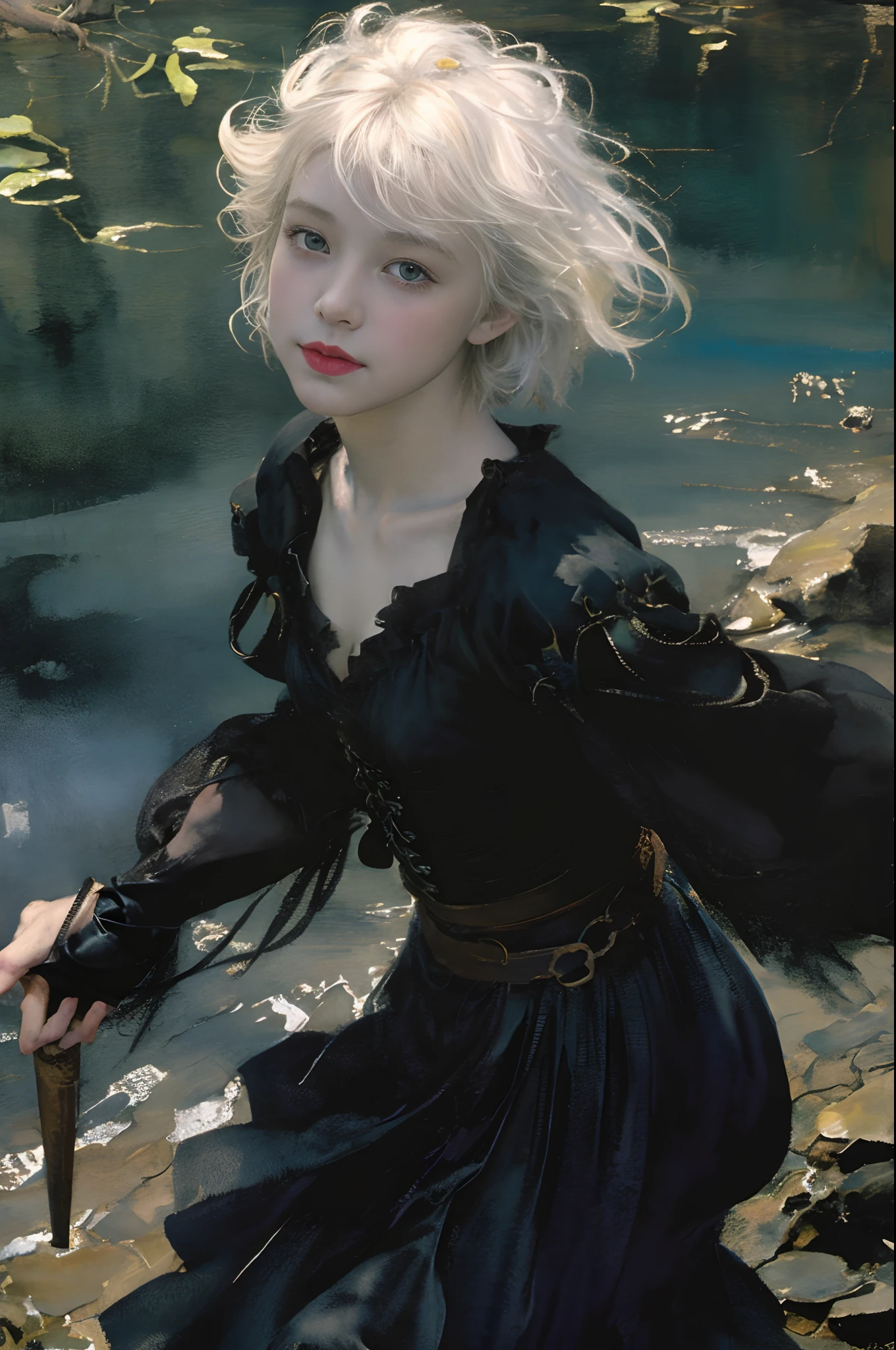 Top image quality、masterpiece、watercolor paiting、Arthur Rackham's style、Aerial perspective、thirds rule、Norse man1People Beautiful Girl、slightly smaller eyes、Pretty small face、Light makeup、Platinum blonde short hair、middlebreasts、big butts、slightly thicker legs、Black Gloves、Long Sleeve Gothic Dress、long skirt、On the banks of the springs、the woods、borgar、cumulonimbus clouds