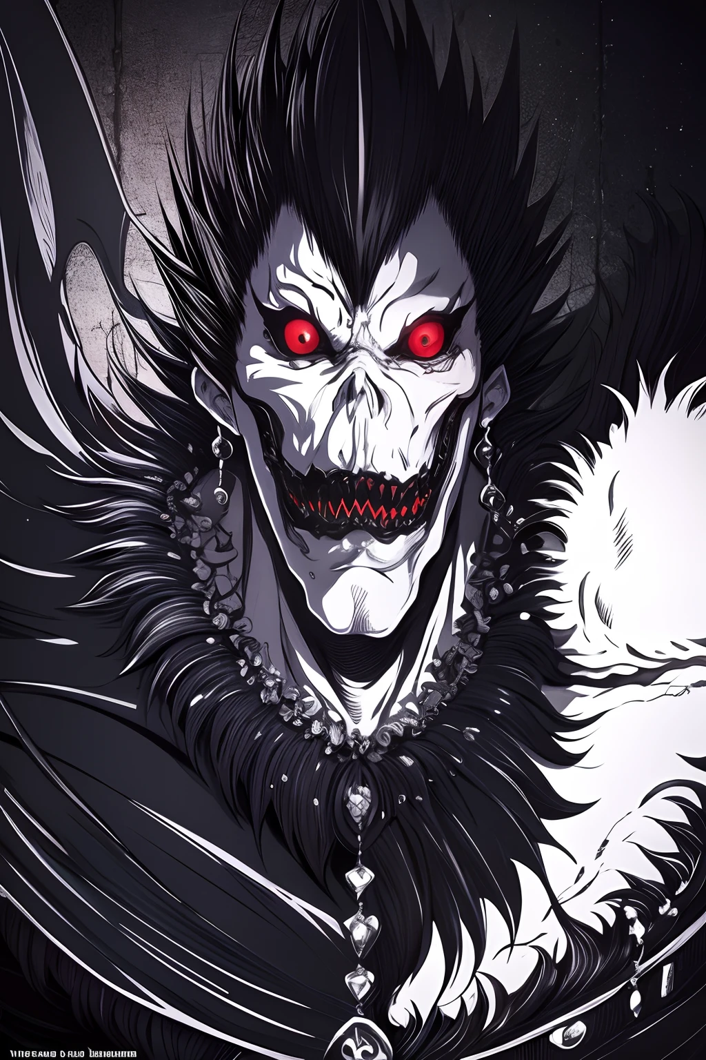 tmasterpiece，highest  quality，death note，1boys，Black-haired demon creature，closeup of face，shinigami，4k manga wallpapers, high definition anime art, dark but detailed digital art