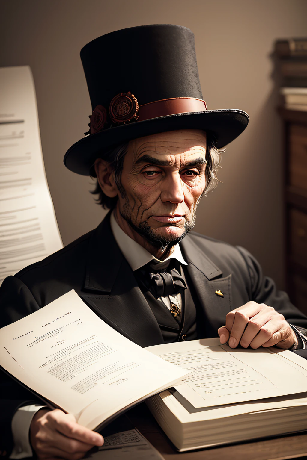 Illustrate Lincoln wearing his signature stovepipe hat, with documents and notes peeking out from beneath it