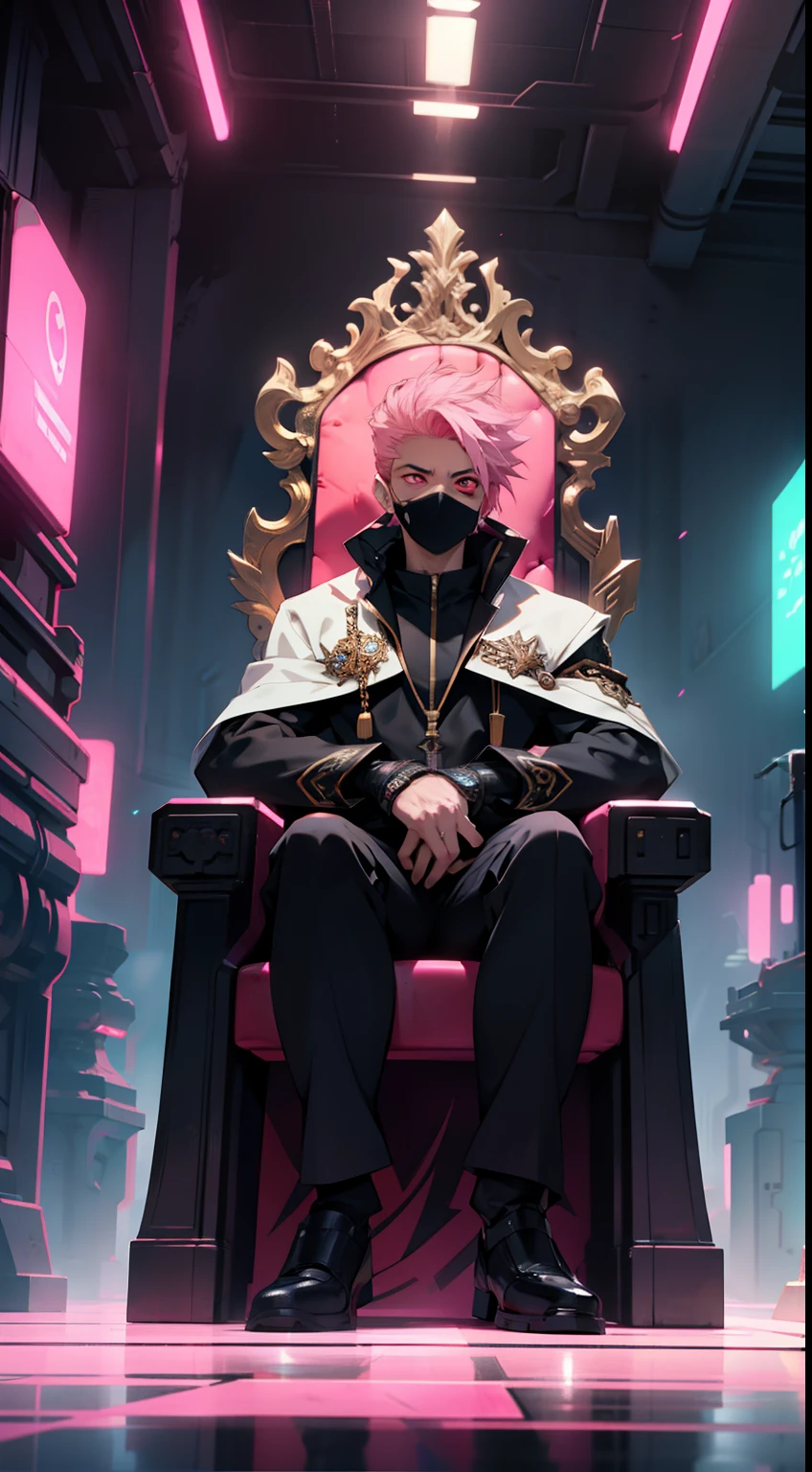 Latino man, glowing pink eyes, powerful, pale pink hair, male, anime style, 4k image, looking up, epic, cinematic, ground level shot, hot, wearing futuristic mask, tech futuristic throne room background , wearing shiny glowing academia outfit, insanely detailed, cool details