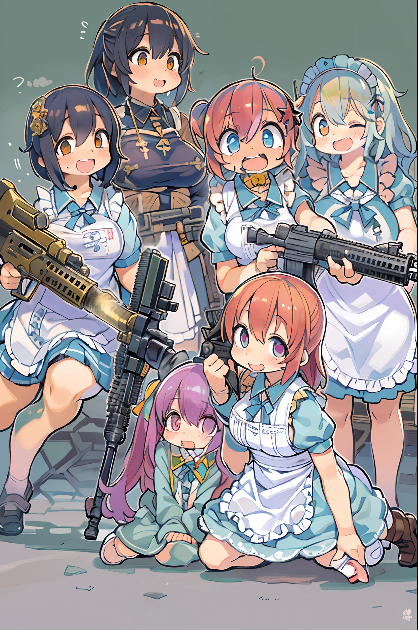 masutepiece, Best Quality, 1girl in, Empty eyes, Utsurome, maid, Smile,a child girl,Lori,(((Huge assault rifle))),rocket launcher、multiple girls