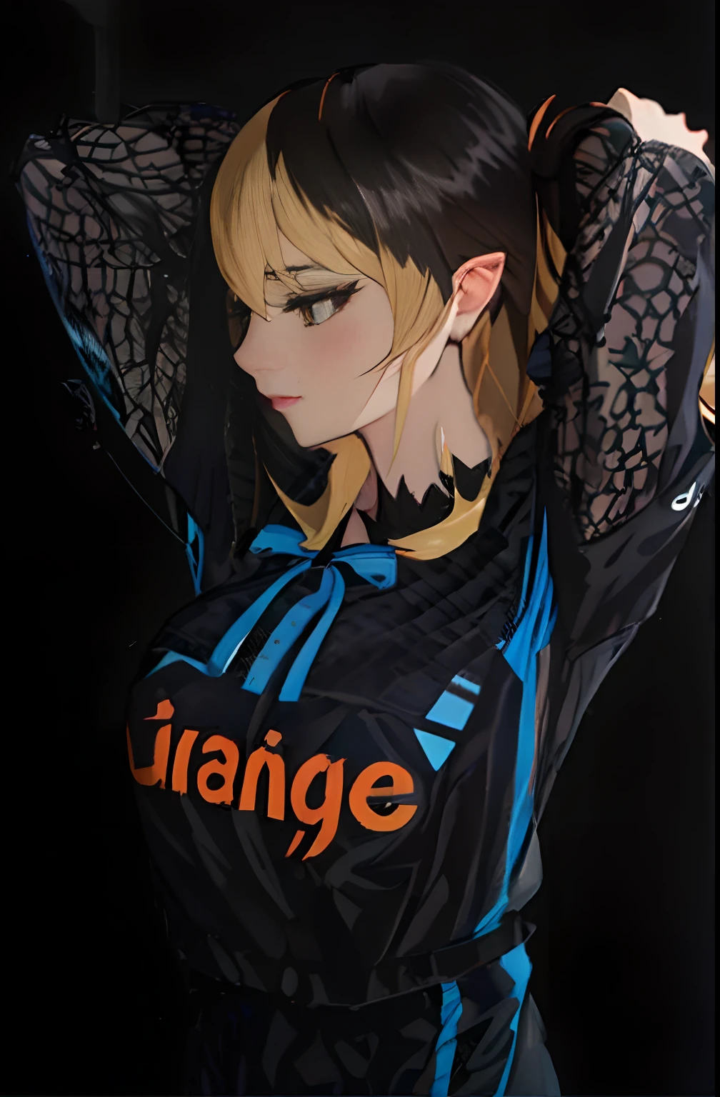 Shinobumature with an esport jersey noir et blue, "KC" logo, Aesthetic jersey, Writing"Karmine" au milieu du maillot noir et gris, cheveux blonds , SHinobu Oshino , femme , SHinobu Oshino , peau blanche ,Anime, jersey noir et bleu, femme , enormous breast, woman face , woman hair , long hair , detailed hair , detailed face ,high quality , blond hair , detailed face , coherent face , there is written "Orange" on the jersey