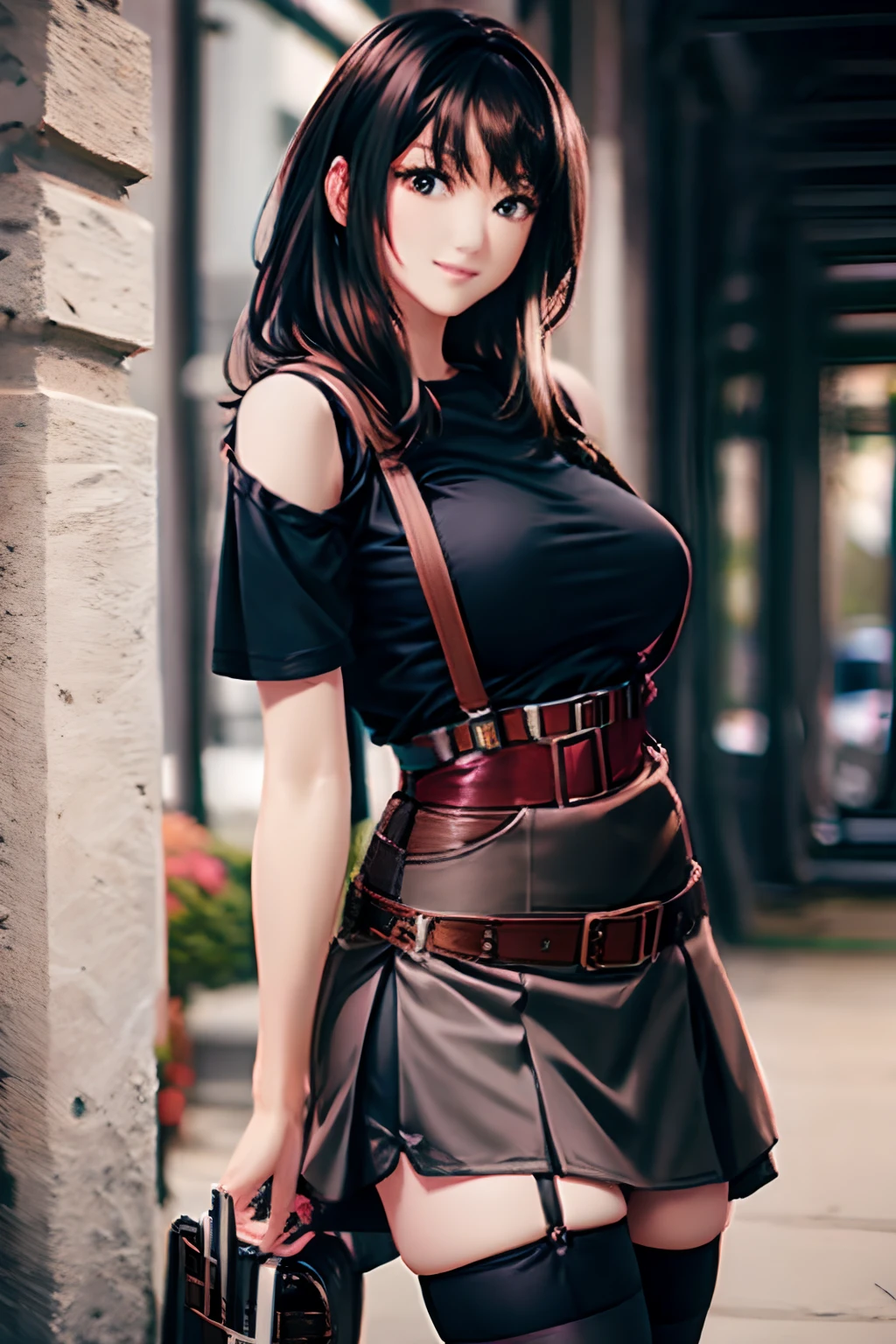 a belt　　Colossal tits　　　suspenders　　garterbelts　　　Black stockings　　Black tank top　a miniskirt　Brown hair　Gray eyes