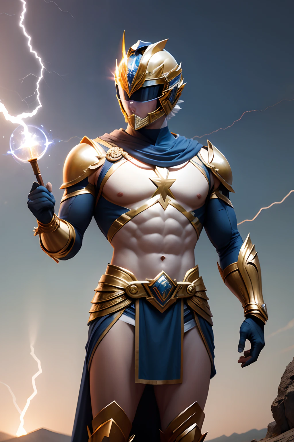 create a greek god theme metalic power ranger ,wearing helmet, armor ,lightning , ancient dress ,full body , sky background ,olympians