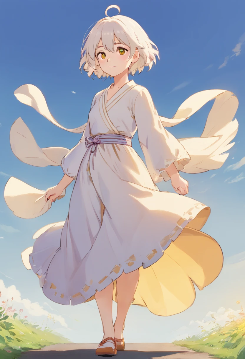 full body, {{{one person}}}, standing, simple background, windy, sketch,
woman, mature, elegant, slightly chubby, pale skin,
soft smile, golden yellow eyes, pretty eyes, droopy eyes,
white hair, very short hair, pixie cut, fluffy hair, messy hair,