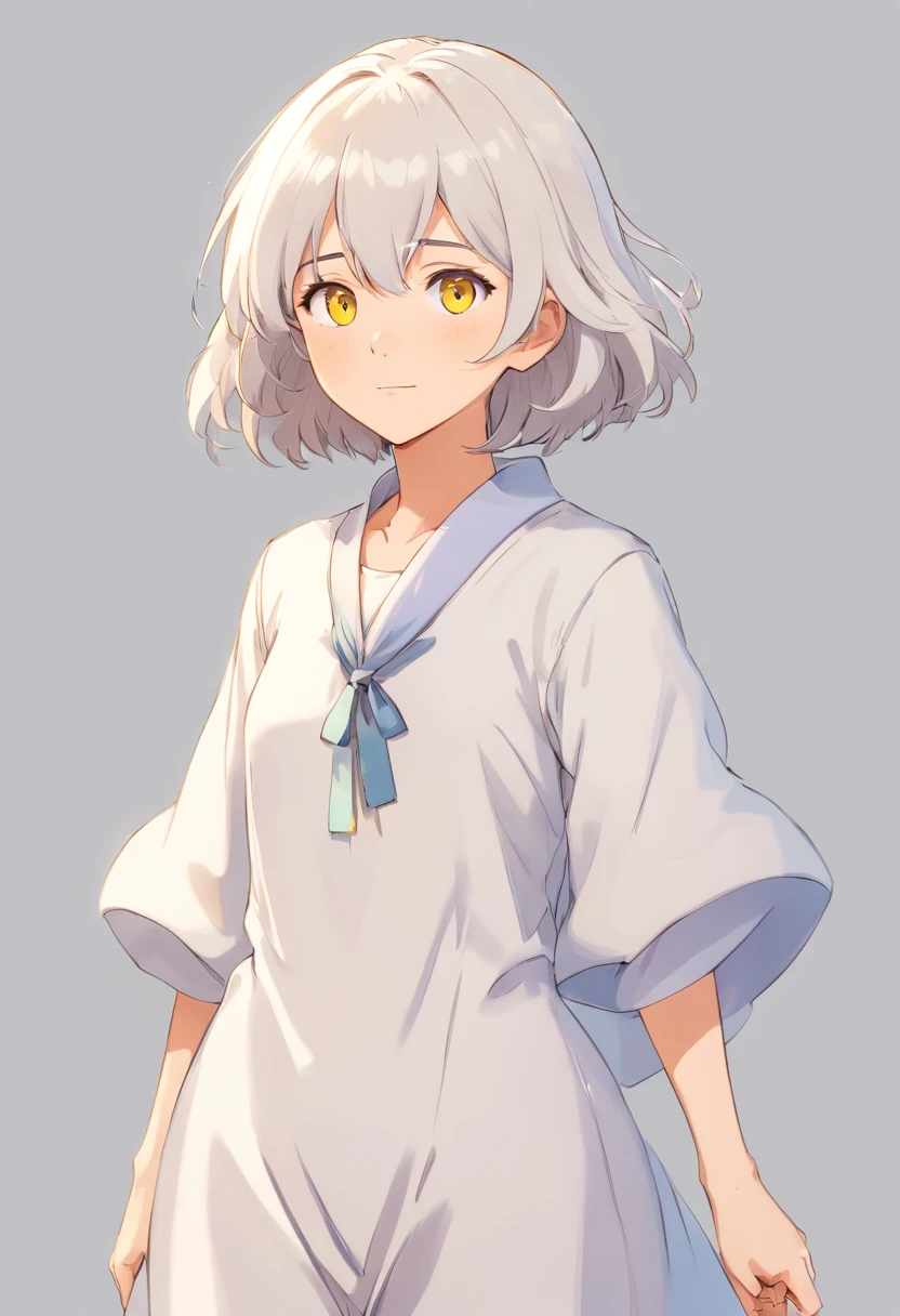 full body, {{{one person}}}, standing, simple background, windy, sketch,

woman, mature, elegant, slightly chubby, pale skin,
soft smile, golden yellow eyes, pretty eyes, droopy eyes,
white hair, very short hair, pixie cut, fluffy hair, messy hair,