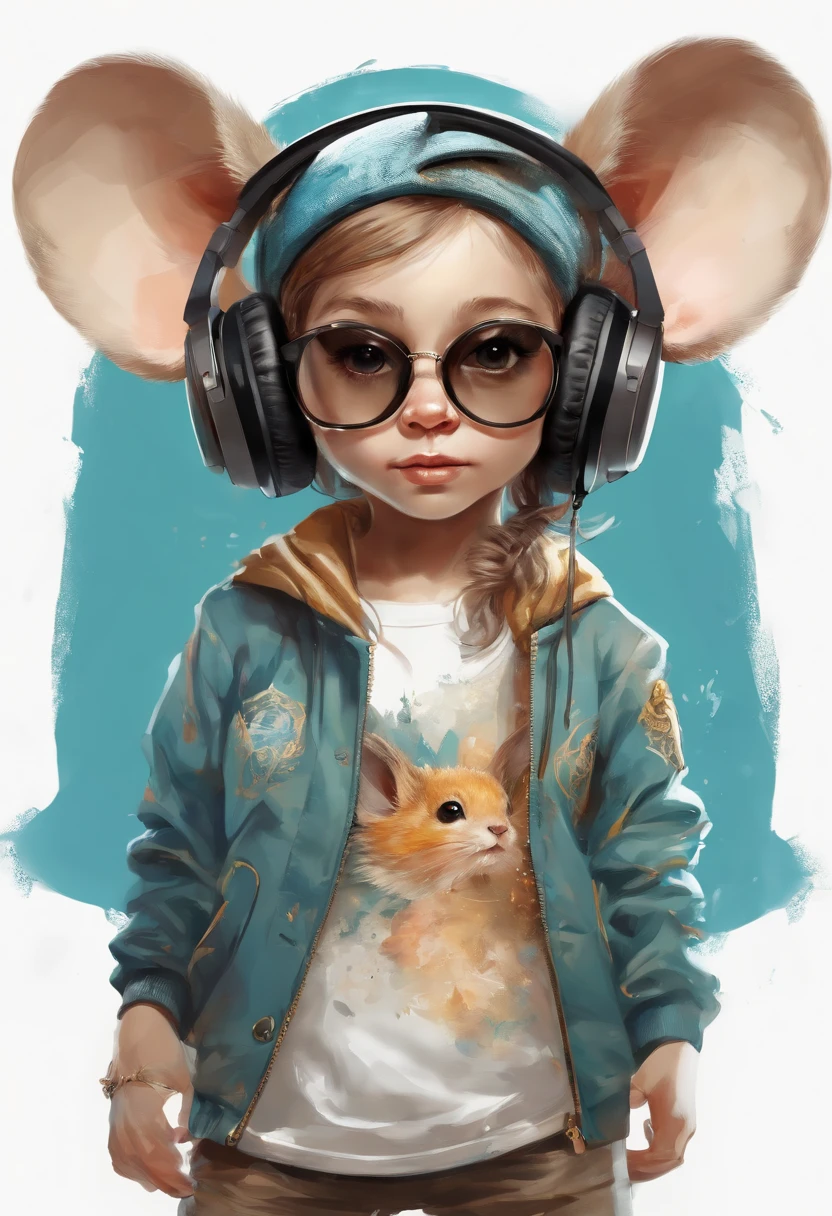 Perfect centering, Cute mouse, Wear a student team jacket, Wearing sunglasses, Wearing headphones, cheerfulness, Standing position, Abstract beauty, Centered, Looking at the camera, Facing the camera, nearing perfection, Dynamic, Highly detailed, smooth, Sharp focus, 8K, high definition resolution, illustration, Art by Carne Griffiths and Wadim Kashin, White background , and the mouse is laughing