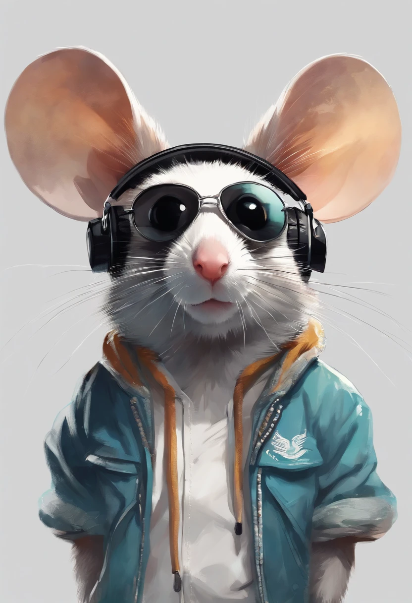 Perfect centering, Cute mouse, Wear a student team jacket, Wearing sunglasses, Wearing headphones, cheerfulness, Standing position, Abstract beauty, Centered, Looking at the camera, Facing the camera, nearing perfection, Dynamic, Highly detailed, smooth, Sharp focus, 8K, high definition resolution, illustration, Art by Carne Griffiths and Wadim Kashin, White background