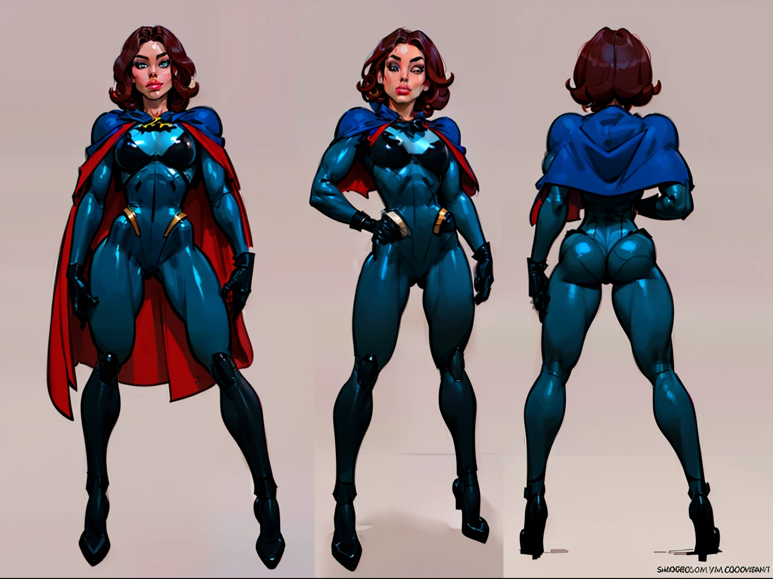 ((masterpiece)),(((best quality))),((character design sheet)), ((full body view)) illustration,1girl, muscular, ((black bodysuit:1.7)), superhero, (short curly red hair:1.5), (blue cape:1.5) ((detailed face:1.4)) beautiful woman, (short curly hair:1.6) (small head:1.2), (flat breasts:1.3), (blue thighhighs:1.3), shiny skin, (blue logo on chest:1.4),scribbles and marks, (puffy lips:1.5), (full lips:1.4) (wide hips:1.3), big lips, detailed lips, (red gloves:1.2) rough sketches, pose, 8k,16k, (simple background, white background: 1.3)