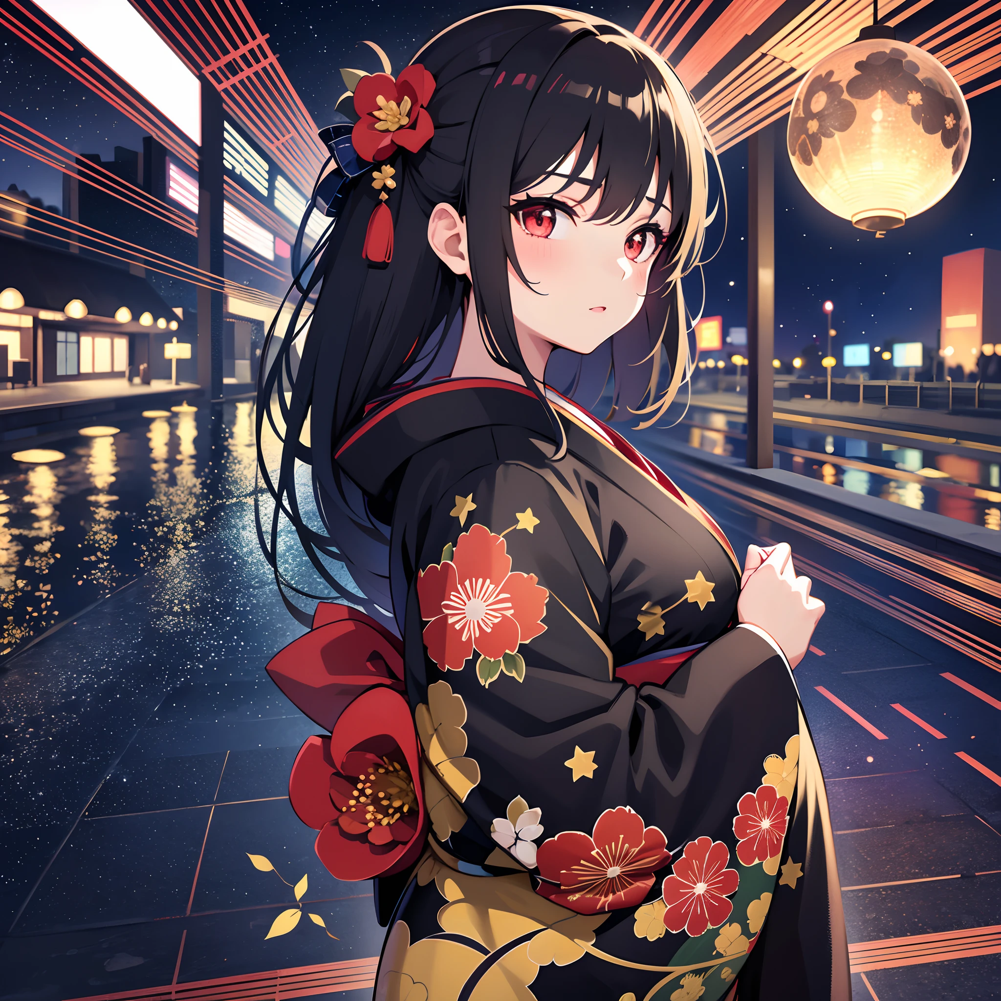 ((sexy cute mini kimono and elegant beautiful white laced panties)),
Full body,Looking back,♥(Japanese beautiful flower printed kimono,yukata),((1girl,cute,young,semi long beautiful black hair,blunt bangs,twin tales,beautiful eyes)),(solo),((masterpiece, highest resolution,best quality)), (beautiful illustration),(Japanese beautiful flower printed kimono,yukata),sitting on the beach bench,waves,fireworks,night sky,full moon,shooting star,(innocent cute laugh,teeth),