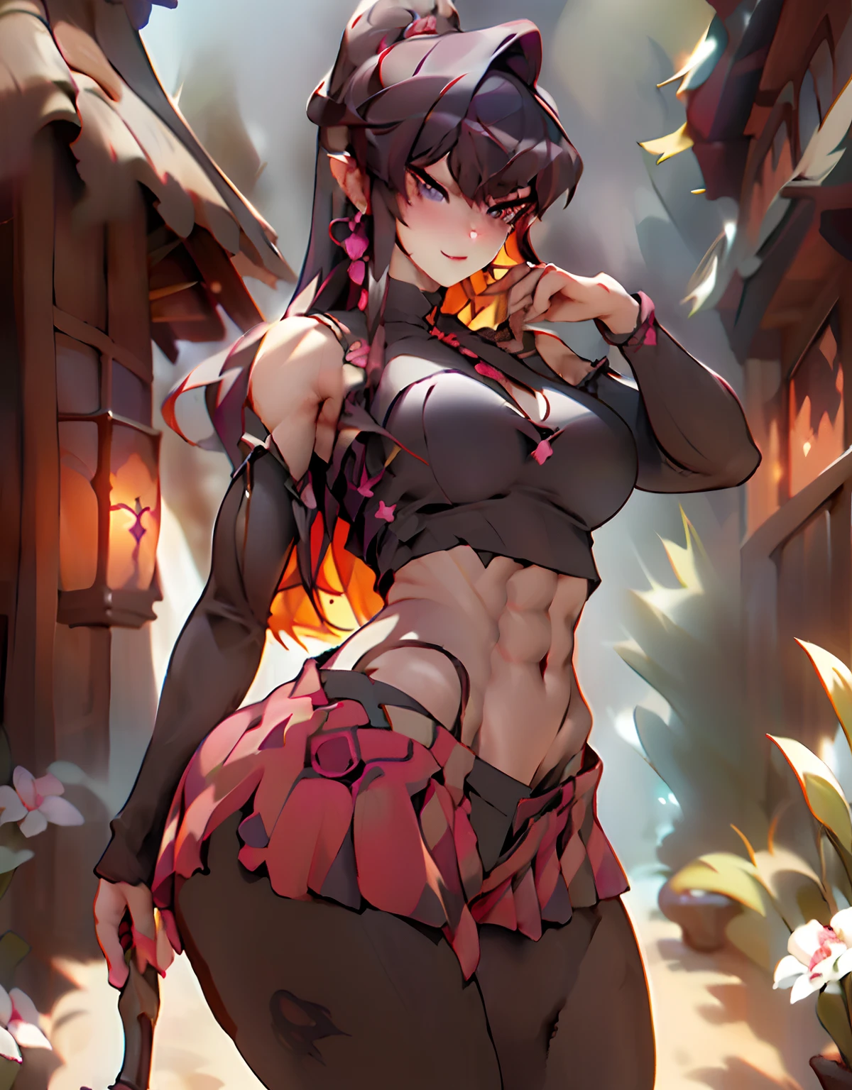 (Detailed eyes and skin), ultra high res, adsurdres, (((vibrant colours))), bright colours, 1girl, human, human skin colour, solo, heart-shaped pupils, (Heart-shaped pupils:0.9), fingernails, (blush:1.1)(speed lines:1.1)((heavy breathing:1.3)) purple long hair, purple eyes, smug face, choker, cute top, gym top, revealing, shoulder cut dress, shoulders visible, cleavage visible, (underboobs visible), cleavage cutout, underboobs, midriff, abs, slight muscles, light muscular, Showing the belly, light muscles, (((muscular abs))), bloated abs, bulging abs, bloated belly, bulging belly, bloated belly with a silhouette of visible abs, slim waist, thin back, accurate belly button, accurate lower belly, (((abs))), (((accurate belly button))), round belly, panty strings, gym shorts, thighs, clean body, sexy pose, aroused, arousing, background is an alley in a garden, detailed sunlight, sitting, dappled sunlight, day, depth of field, plants, summer, (dutch angle), kipteitei, dappling sunlight, Background Chinese Antiquity、thatched hut、springtime、jungles、lakes、hole in the mountains、waterfallr,The tree、grassy fields、Rochas、hot onsen、hydrosphere、(illustratio:1.0)、Epic composition、Realistic lighting、high definition detail、tmasterpiece、Best quality,(非常详细的 CG 统一 8k 壁纸), by (by Pino Daeni, (by ruaidri), yupa, kiyosan), detailed background, anime, (dark shadows, wide dynamic range, hdr, low light:1.2).
