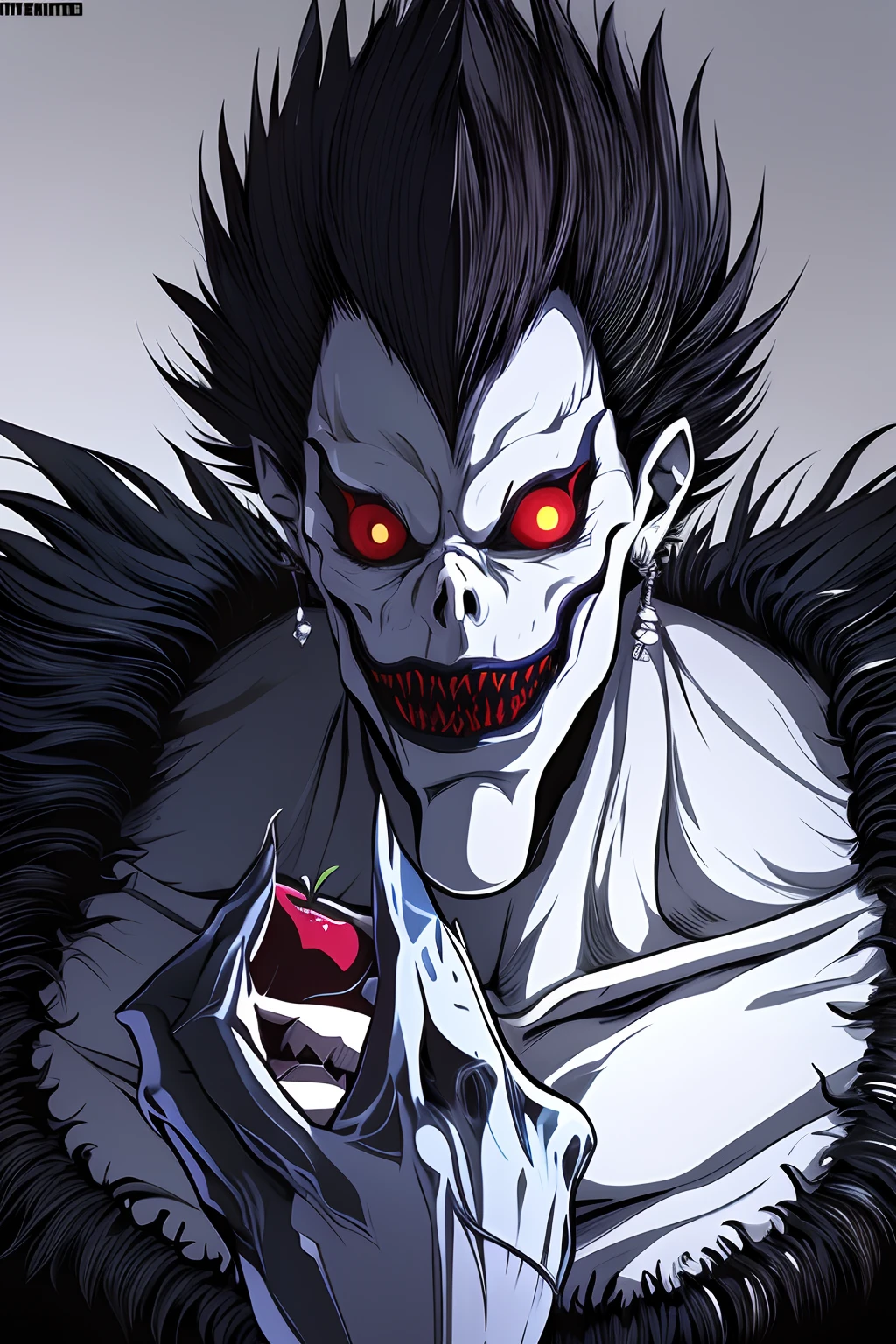 tmasterpiece，highest  quality，death note，1boys，Black-haired demon creature，Eating apples，closeup of face，shinigami，4k manga wallpapers, high definition anime art, dark but detailed digital art