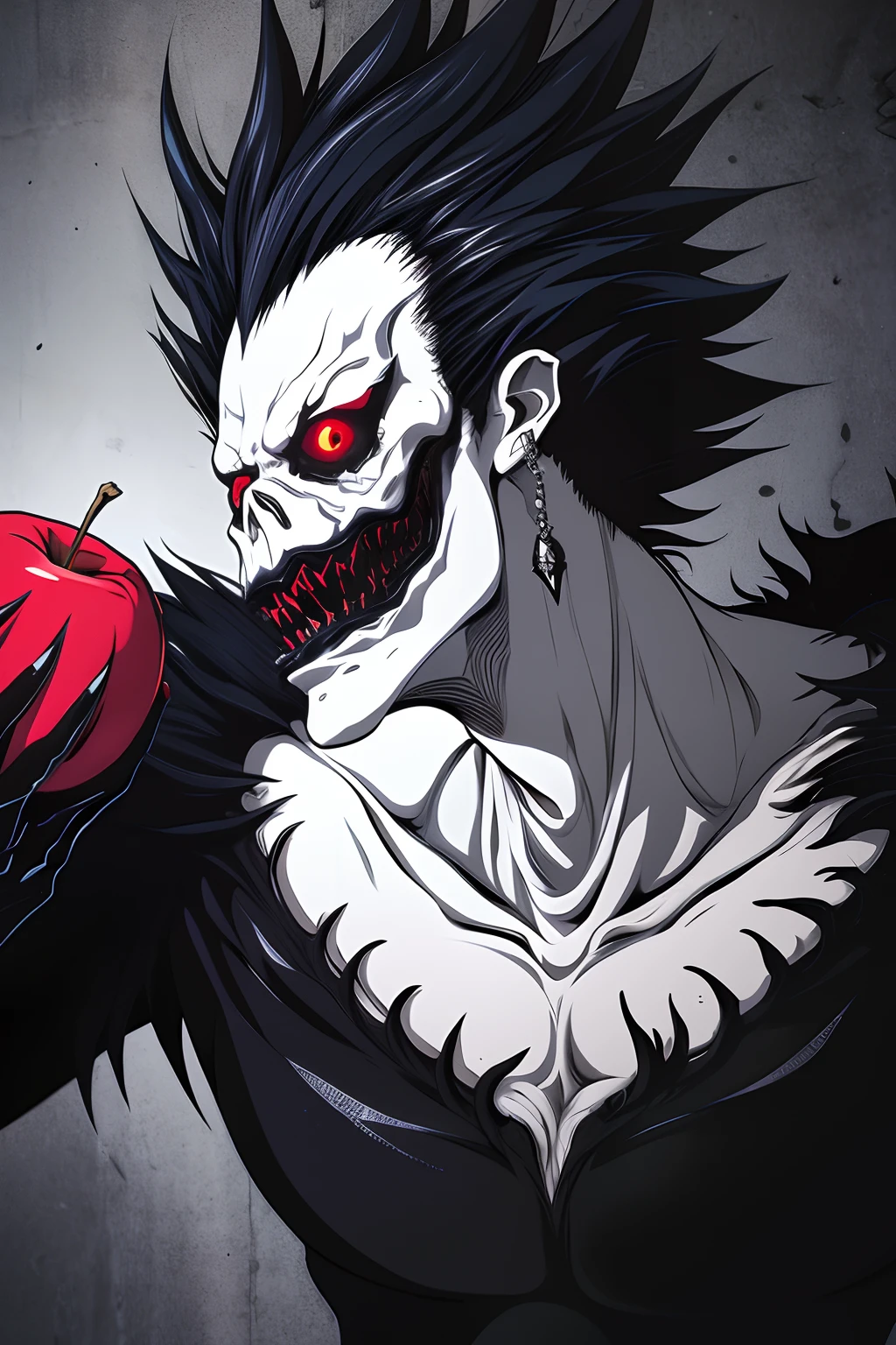 tmasterpiece，highest  quality，death note，1boys，Black-haired demon creature，Eating apples，closeup of face，shinigami，4k manga wallpapers, high definition anime art, dark but detailed digital art