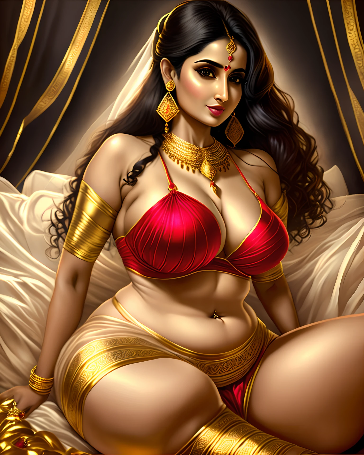 An attractive fat woman in a desi sexy red bridal saree in the honeymoon suite, foreplay, seductive looks, breasts, navel, realistic, black hair, Medium size breasts, plump, gold earrings, gold bracelet, belly, cleavage, lips, long hair, medium white skin, gold necklace, ((full body shot)) ((Perfect anatomy)) ((Invitation for sex)) --auto --s2