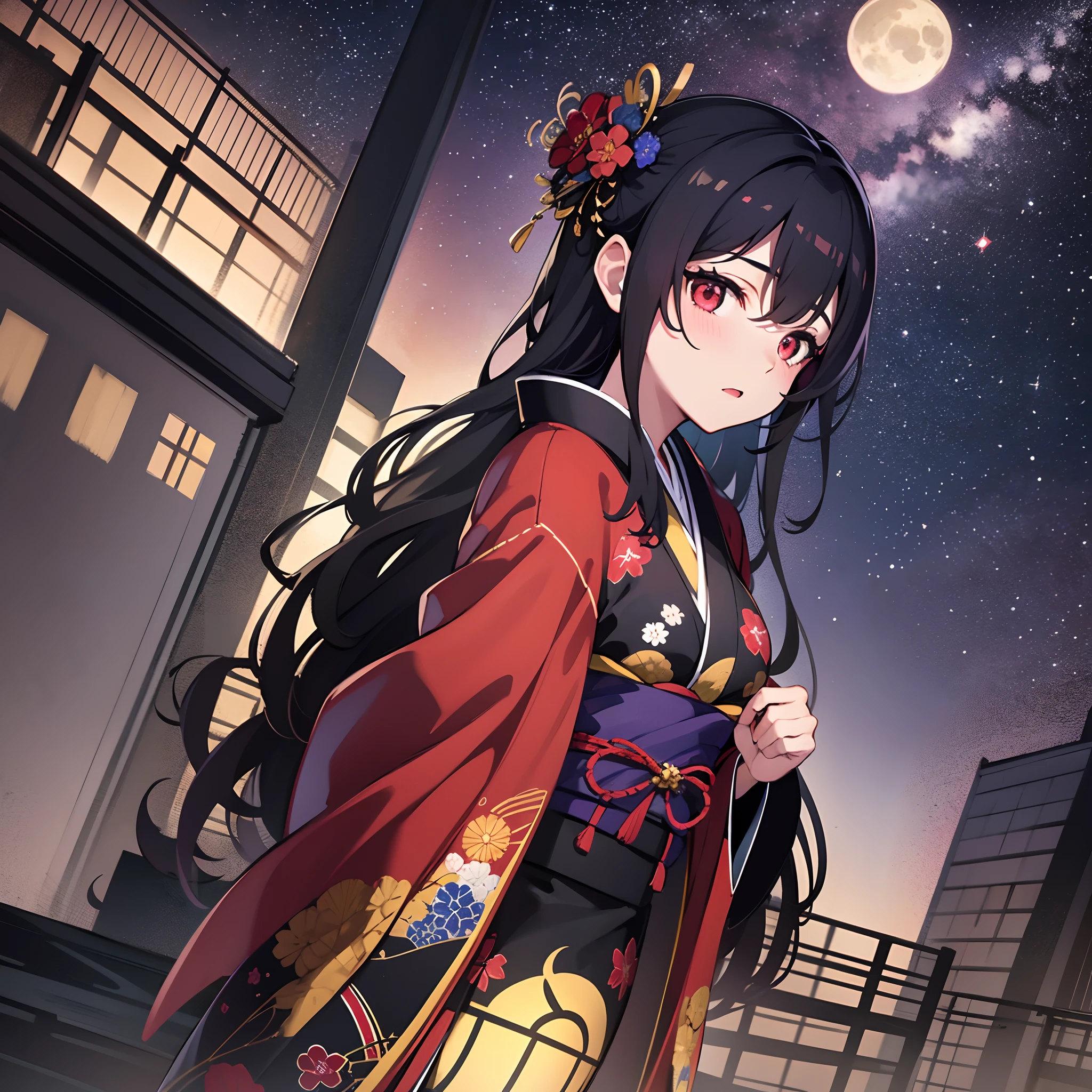 This is a picture of a girl wearing a kimono under the night sky, masterpiece, 8k, ultra detailed, top quality, best quality, high resolution, very highly detailed night sky background, very highly detailed background, full body view, black hair, tsundere, dark red eyes, black and red mixed kimono, moonlight, night sky, night lanterns, full body, standing
