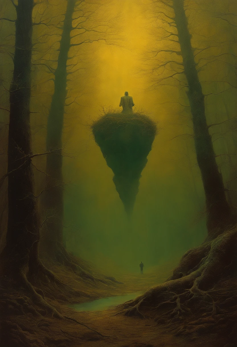 a person levitating with dislocated bones in the middle of the woods, cult, evil, ancient, by zdzislaw beksinski, van gogh, album cover art, surrealism, futuristic ,underwater, wizard, abstract, dark, landscape