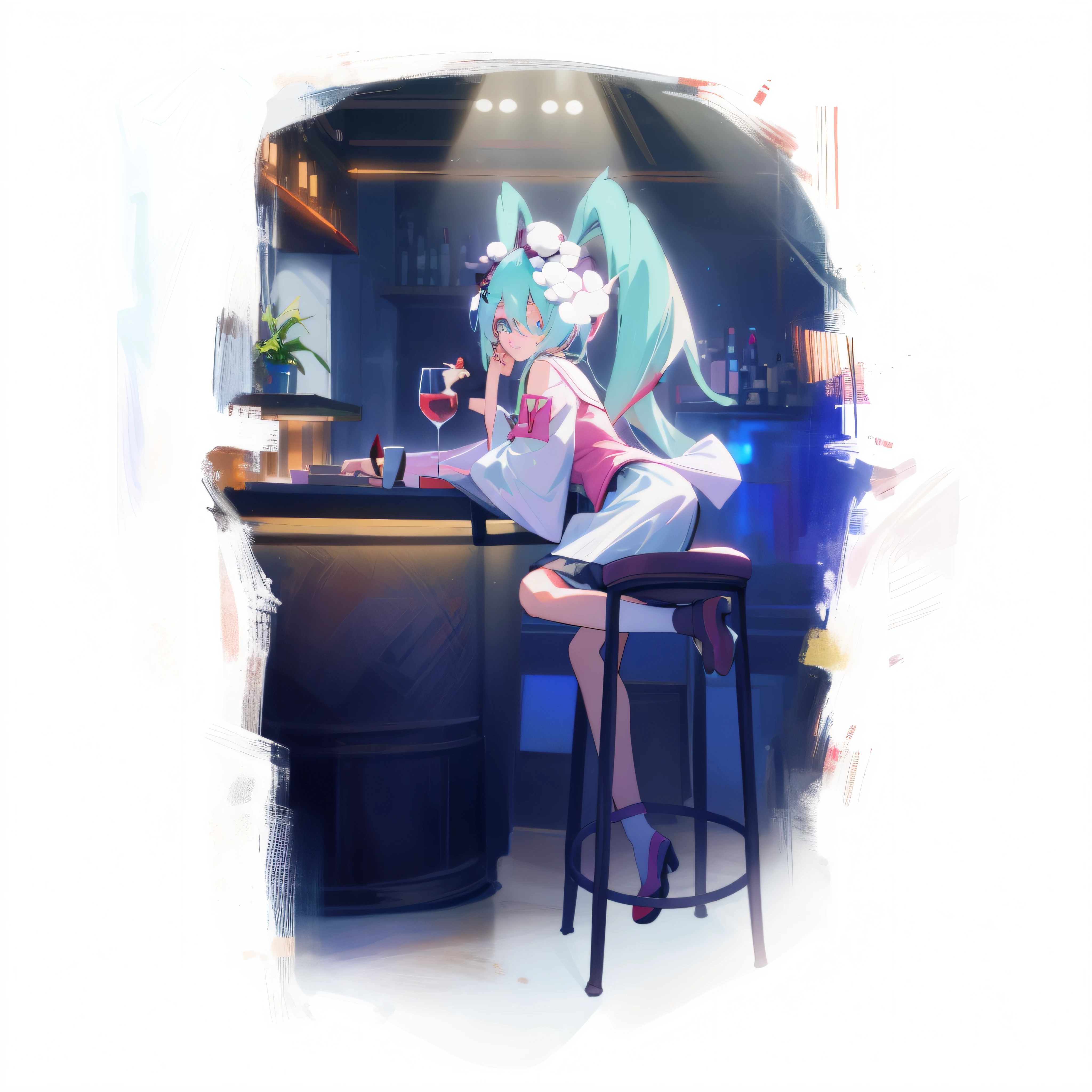 Anime girl sitting on a stool in a bar with a glass of wine, Os amigos, Hatsune Miku, mikudayo, A scene from the《azur lane》videogame, in a pub, nightcore, at a bar, author：Shitao, azur lane style, 《Ghost Wind Special Assault Team》The art of pixels, sitting at the bar, vocaloid, Anime style. 8K