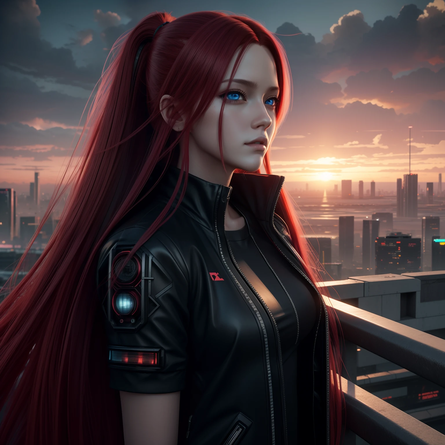 girl, long hair, red hair, she looks at the horizon, the sunset in the background, her eyes are blue and shine, cyberpunk style, Anime, Highly detailed, Character design, Trending on Artstation, Hyperrealism, High quality, Ultra detailed, Digital painting, Concept art, Artstation, 8K, Cyberpunk, HD