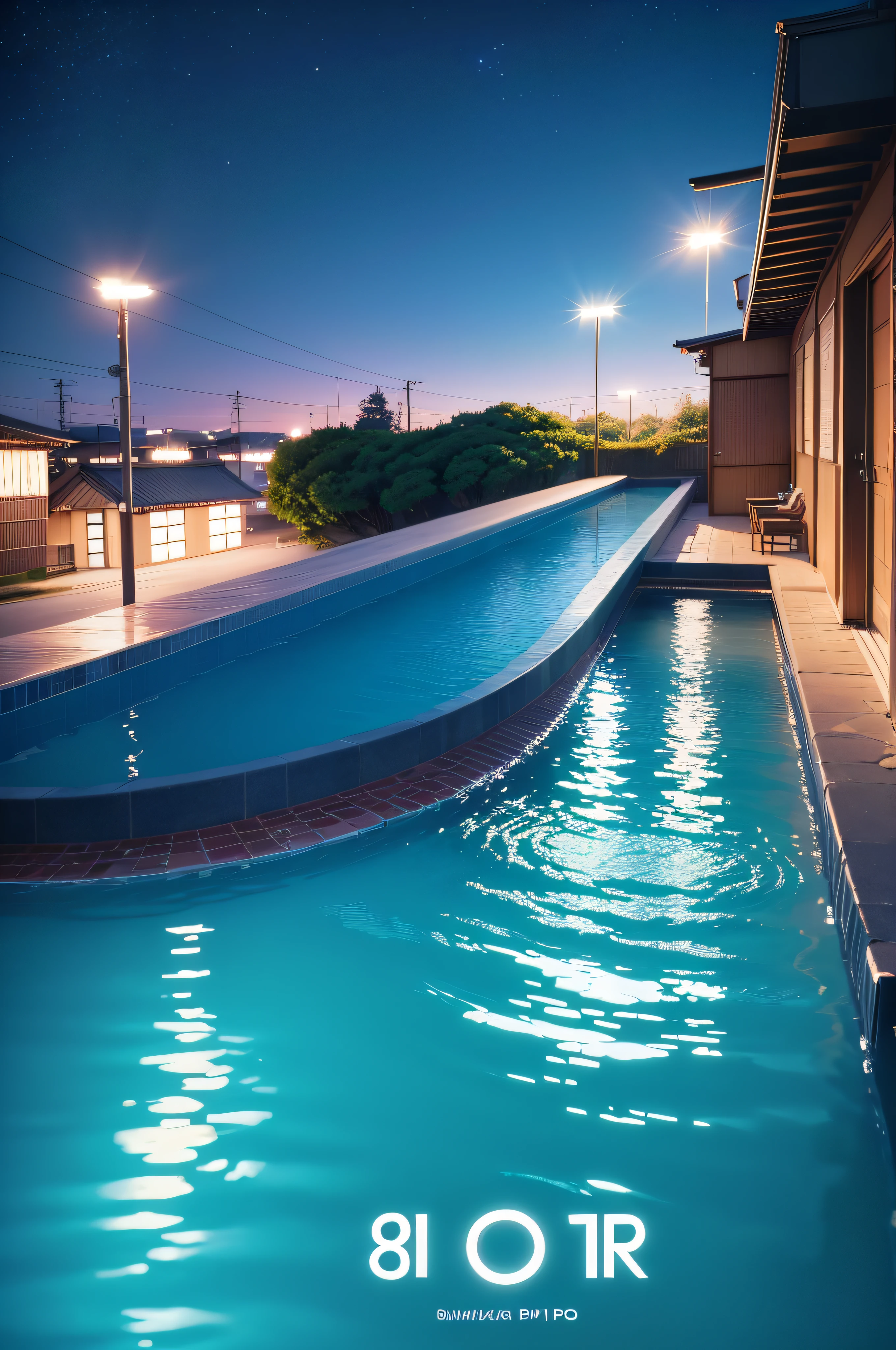 80s music album cover, Japanese city pop album cover, night, swimming pool, ((Best quality, 8K, Masterpiece:1.3)))