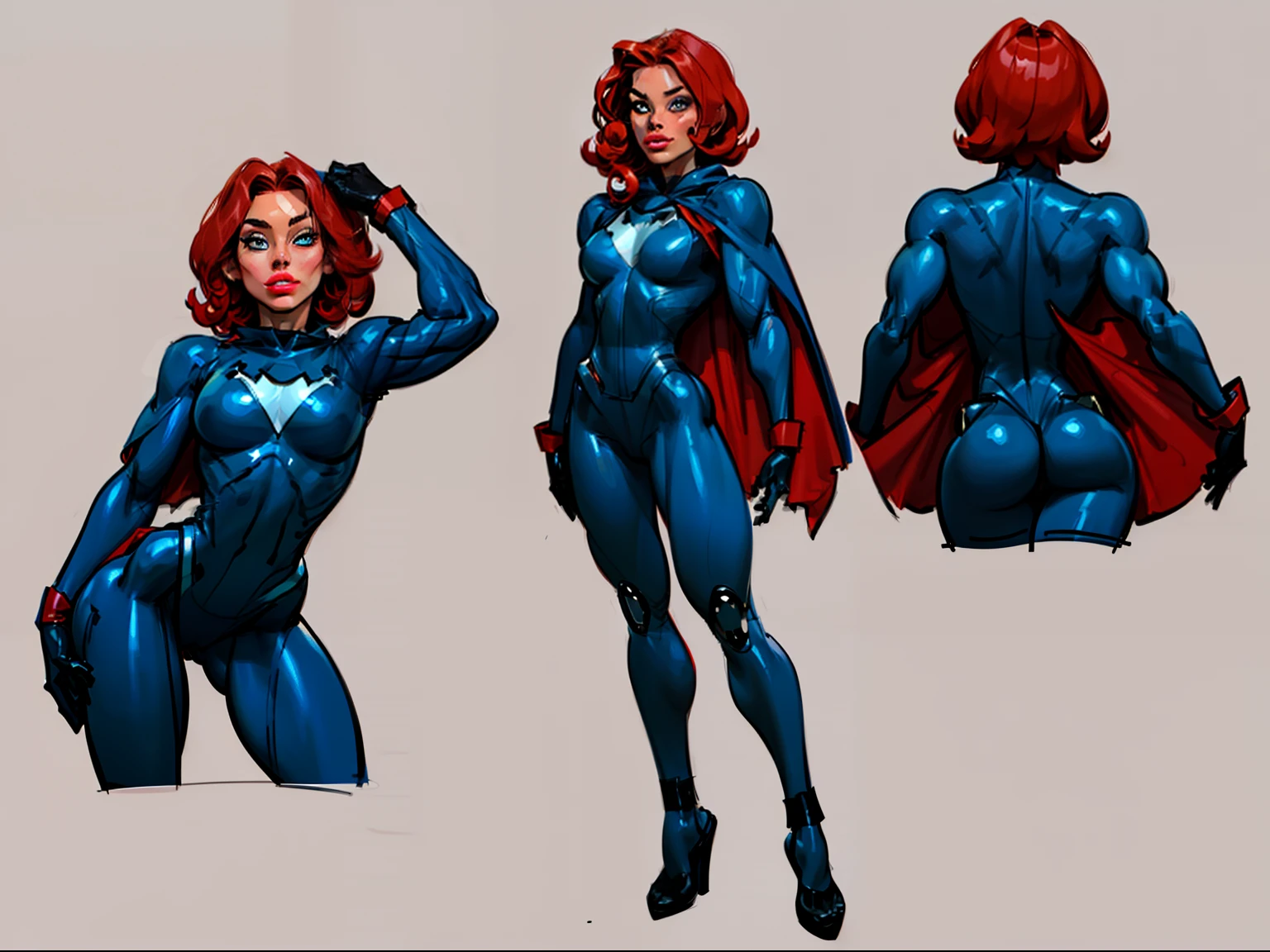 ((masterpiece)),(((best quality))),((character design sheet)), ((full body view)) illustration,1girl, muscular, ((black bodysuit:1.7)), superhero, (short curly red hair:1.5), (blue cape:1.5) ((detailed face:1.4)) beautiful woman, (short curly hair:1.6) (small head:1.2), (flat breasts:1.3), (blue thighhighs:1.3), shiny skin, (blue logo on chest:1.4),scribbles and marks, (puffy lips:1.5), (full lips:1.4) (wide hips:1.3), big lips, detailed lips, (red gloves:1.2) rough sketches, pose, 8k,16k, (simple background, white background: 1.3)