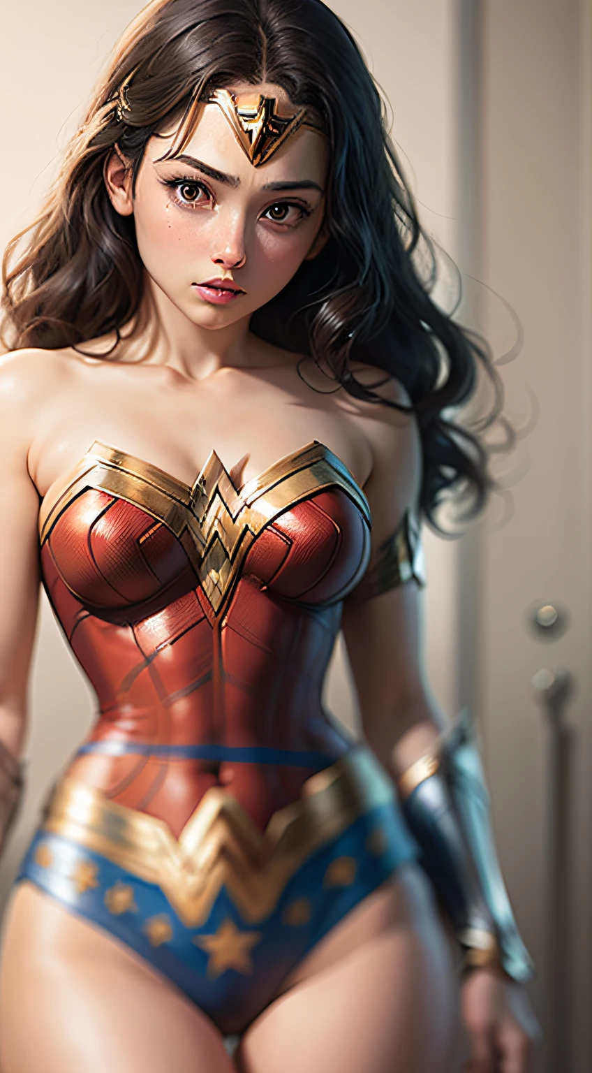 Wonder woman, highest quality, high resolution, solo, large breasts, planet mars, misaligned bra, side tie thong, lying down, from above, open arms, bed, shaggy uniform, heavy breathing, sexual expression