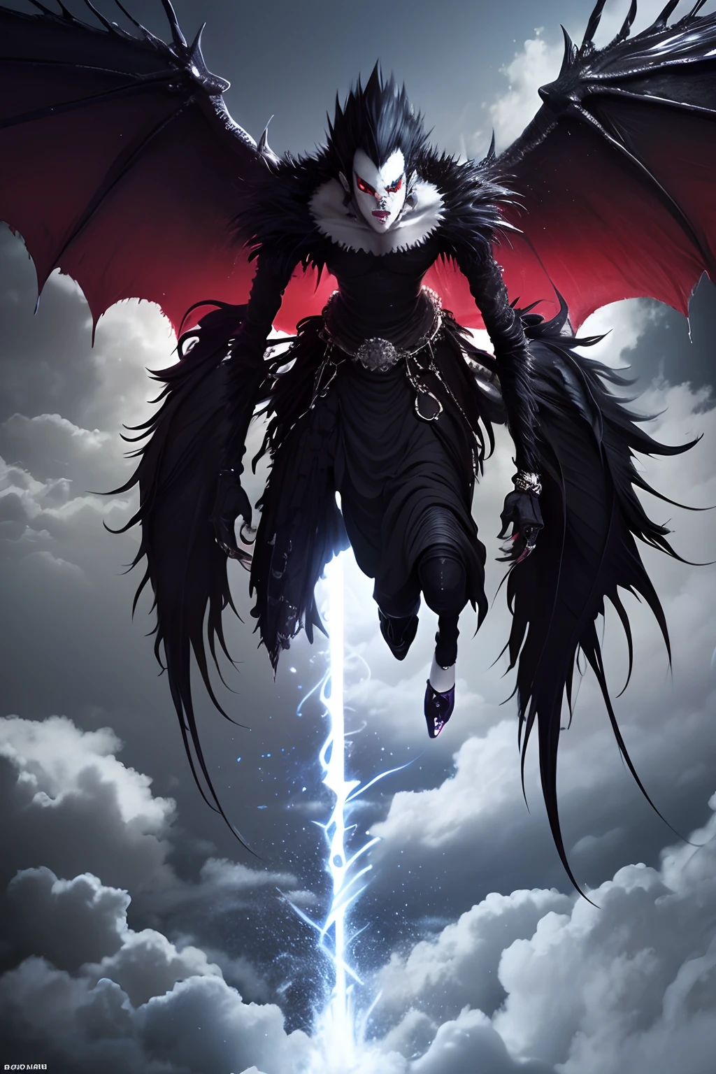 tmasterpiece，highest  quality，death note，1boys，Black-haired demon creature，full bodyesbian，wings，shinigami，4k manga wallpapers, high definition anime art, dark but detailed digital art