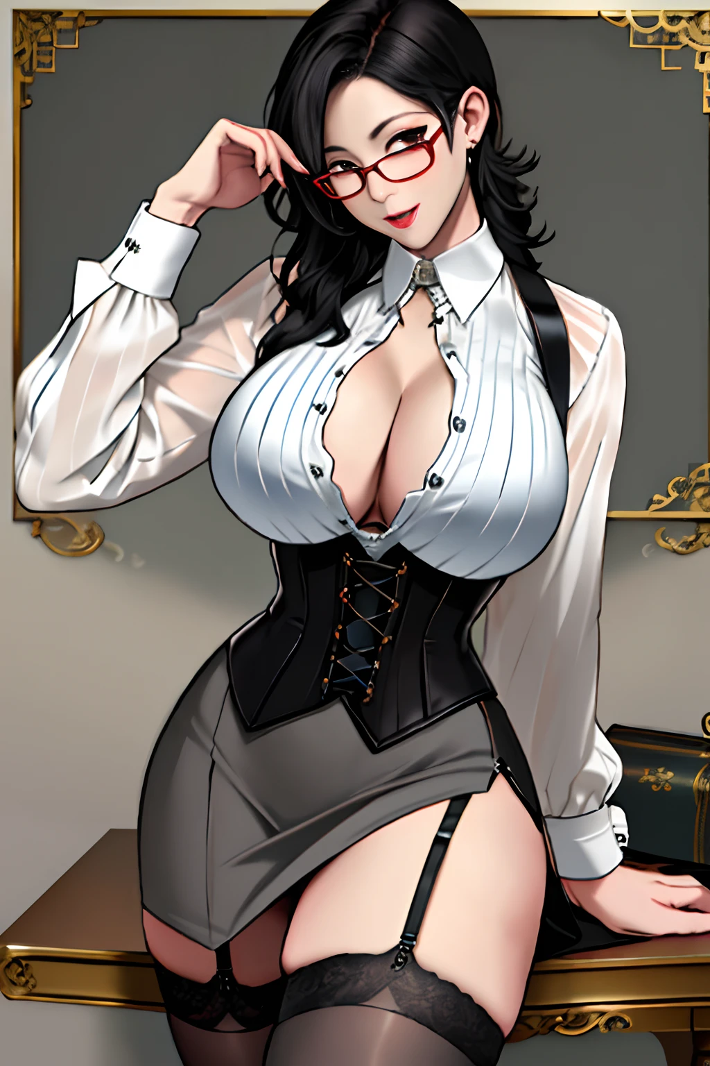 Best quality, Masterpiece, Debauchery secretary, Wearing glasses, Big tight, breast enhancement, Wear corsets and stockings, 超高分辨率,Detailed background,woman,A MILF，mature,breast enhancement,Long black hair,