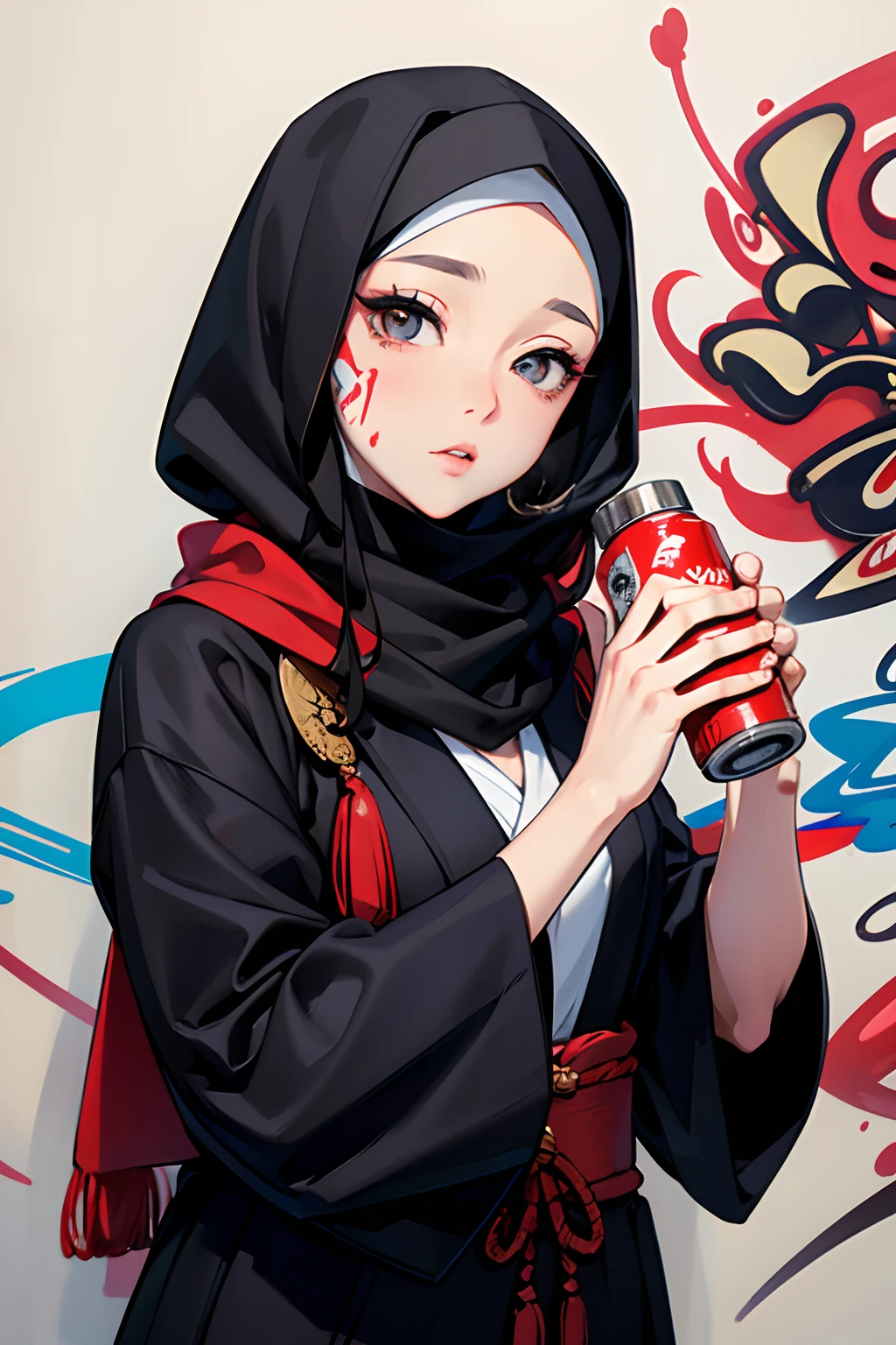 ,1girl, solo, pretty face, eyelashes, nose, glossy lips, (detailed eyes, looking at viewer, fair skin, white skin: 1.5), smooth skin, wearing hijab, 8k portrait of beauty in hijab, intricate, graceful, highly detailed, majestic, digital photography, hyper realistic, Masterpiece, Best Quality, All parts of the body except the face and hands are covered with clothing, Tudung, ((do not let the hair come out of the hijab)), full hijab, ((all parts of the body covered by clothes except the face)), Best Quality, (graffiti:1.5), paint splatter, ((pose of hand holding spray paint)), jacket, On wall, paint can, looking at viewer, head slanted, inspired by Shunkōsai Hokushū, inspired by Tsukioka Yoshitoshi, inspired by Utagawa Kuniyoshi, inspired by Ryūkōsai Jokei, inspired by Gatōken Shunshi, inspired by Kanō Hōgai