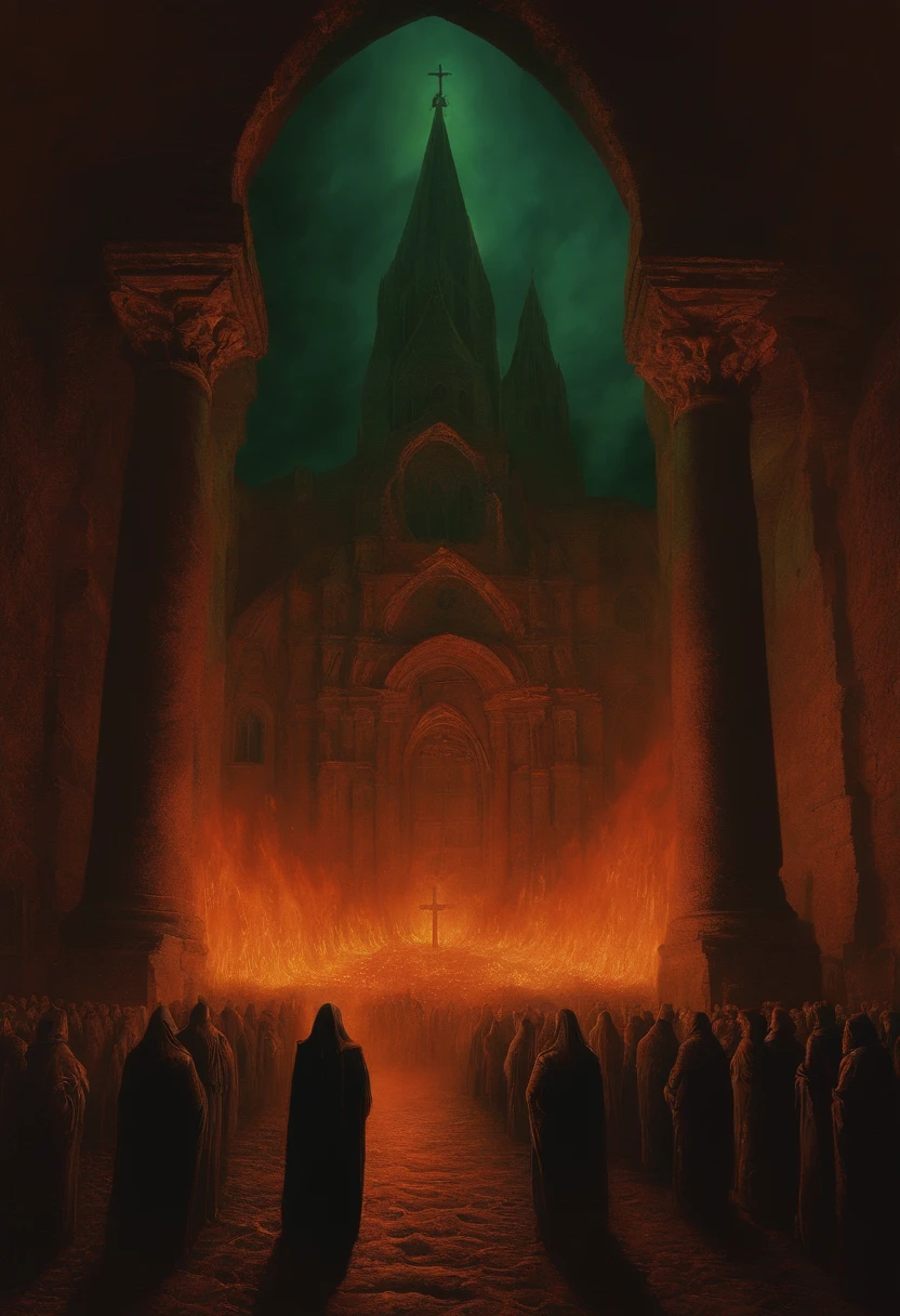 a burning massive scaled church in hell sorroundead by shadow people, cult, evil, ancient, by zdzislaw beksinski, van gogh, album cover art, surrealism, futuristic ,underwater, wizard, abstract, dark, landscape, dark fantasy art