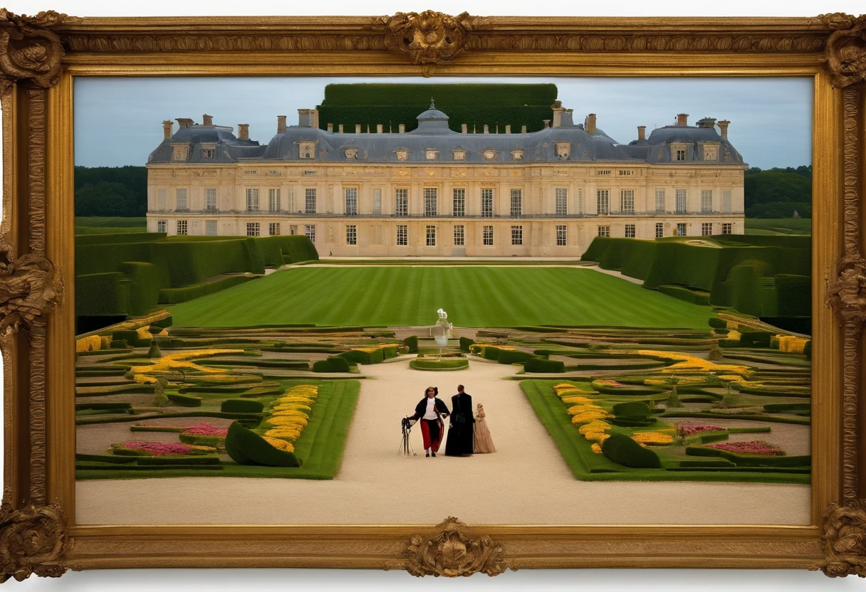 Create images that convey late-night cheerfulness at Vaux-le-Vicomte., With the fat Louis XIV., And guest of honor in the entertainment industry., dancing, And merriment..